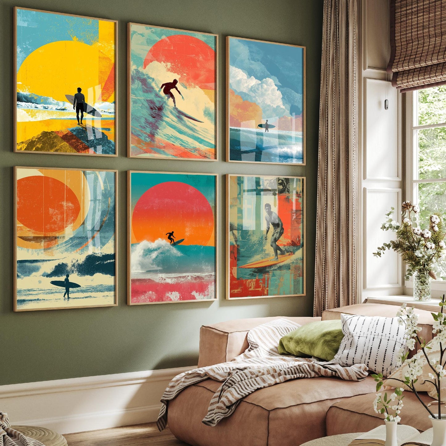 Set of Six Surfing Collage Art Prints - Set of 6 Paint Water Ocean Wave Sunset Posters - Paintings Photo Wall Gift Sport Surfboard Cornwall