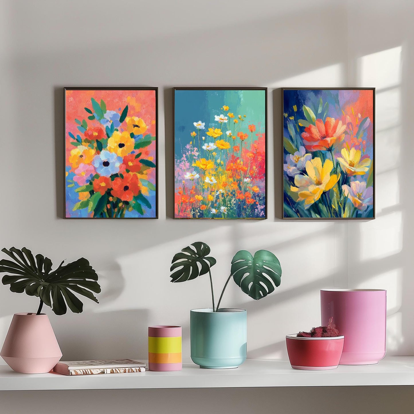 Set of Three Floral Watercolour Vintage Art Prints - Set of 3 Spring Meadow Bouqet - Paintings Photo Poster Wall Gift Museum Botanical