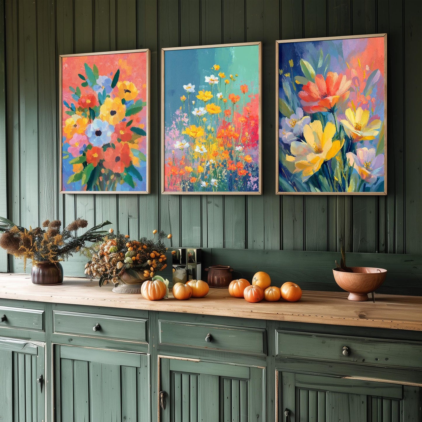 Set of Three Floral Watercolour Vintage Art Prints - Set of 3 Spring Meadow Bouqet - Paintings Photo Poster Wall Gift Museum Botanical