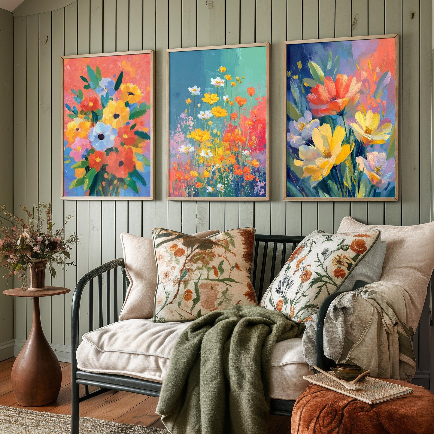 Set of Three Floral Watercolour Vintage Art Prints - Set of 3 Spring Meadow Bouqet - Paintings Photo Poster Wall Gift Museum Botanical