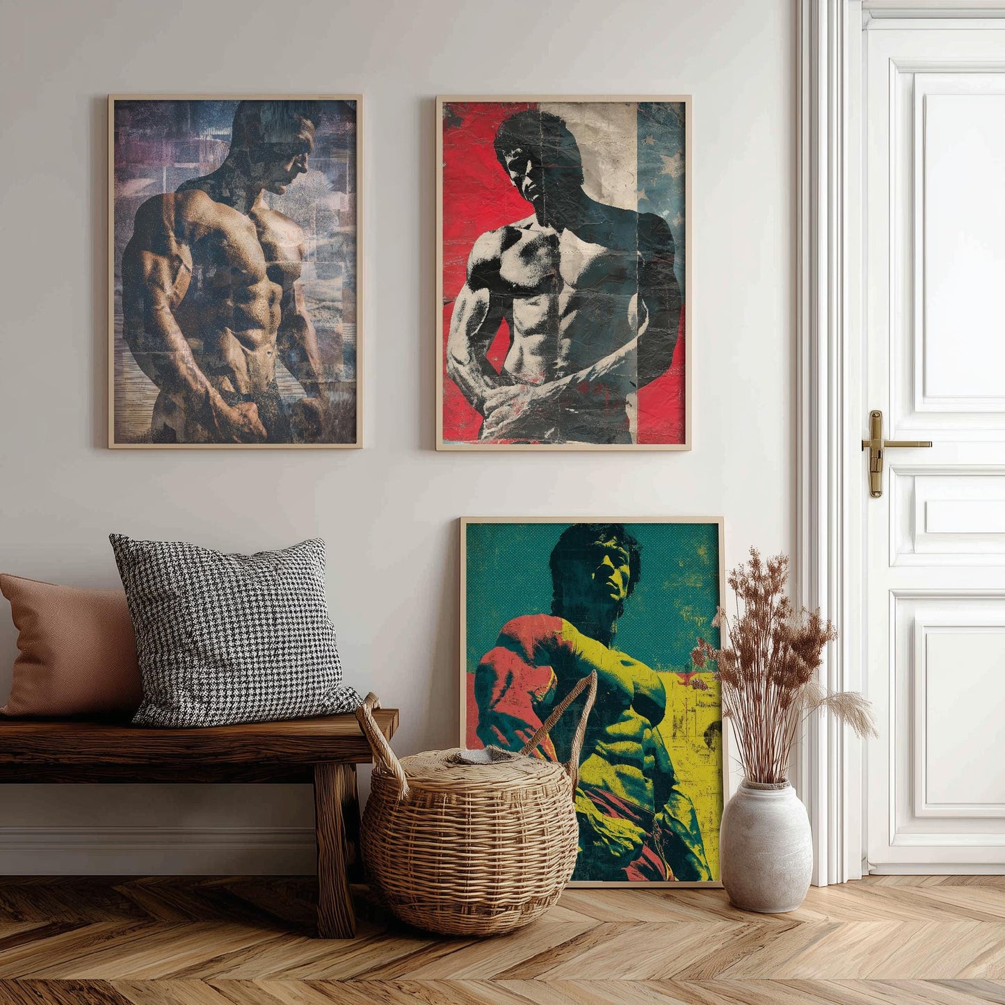 Set of Three Vintage Bodybuilding Posters - Bodybuilder Collage V2 Art Prints - Creative Photography Painting Design - Patchwork Gym Fitness