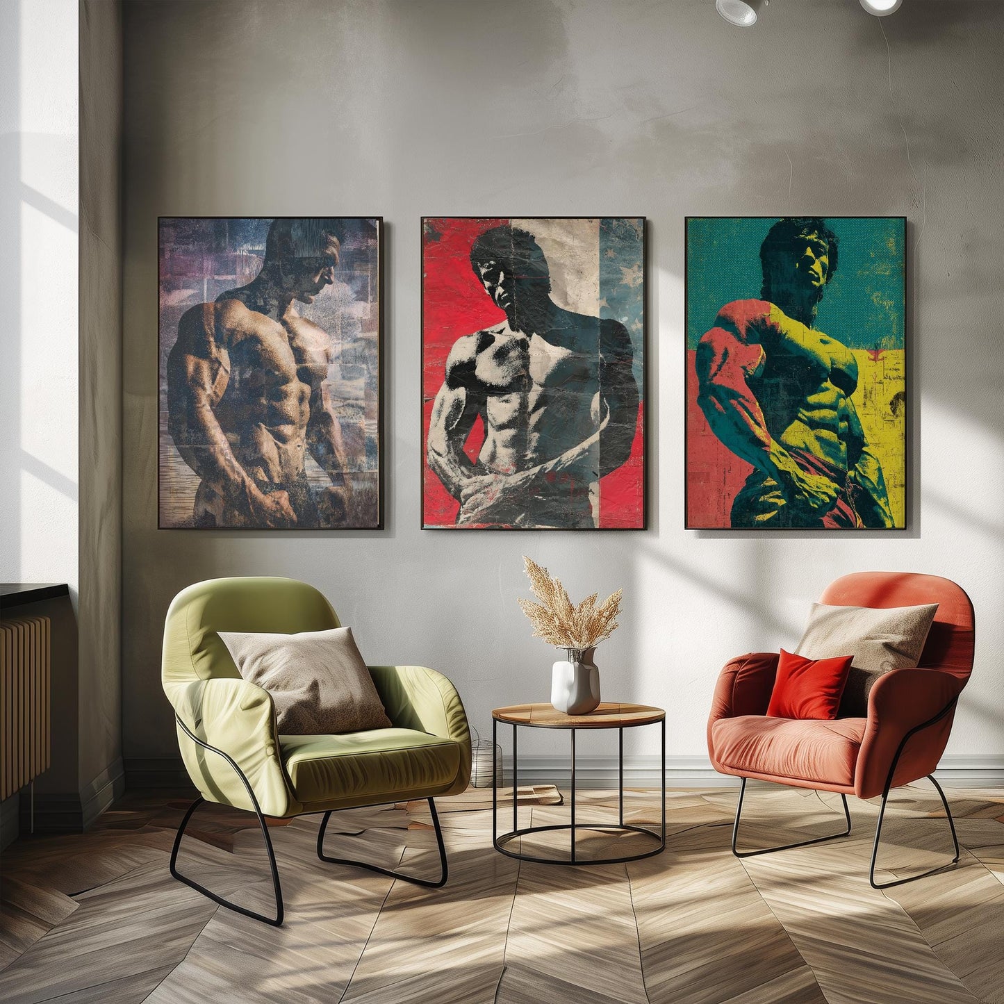 Set of Three Vintage Bodybuilding Posters - Bodybuilder Collage V2 Art Prints - Creative Photography Painting Design - Patchwork Gym Fitness