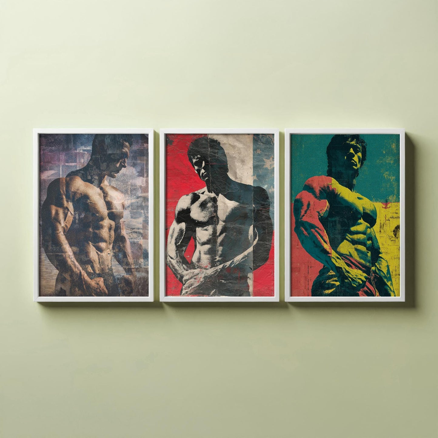 Set of Three Vintage Bodybuilding Posters - Bodybuilder Collage V2 Art Prints - Creative Photography Painting Design - Patchwork Gym Fitness