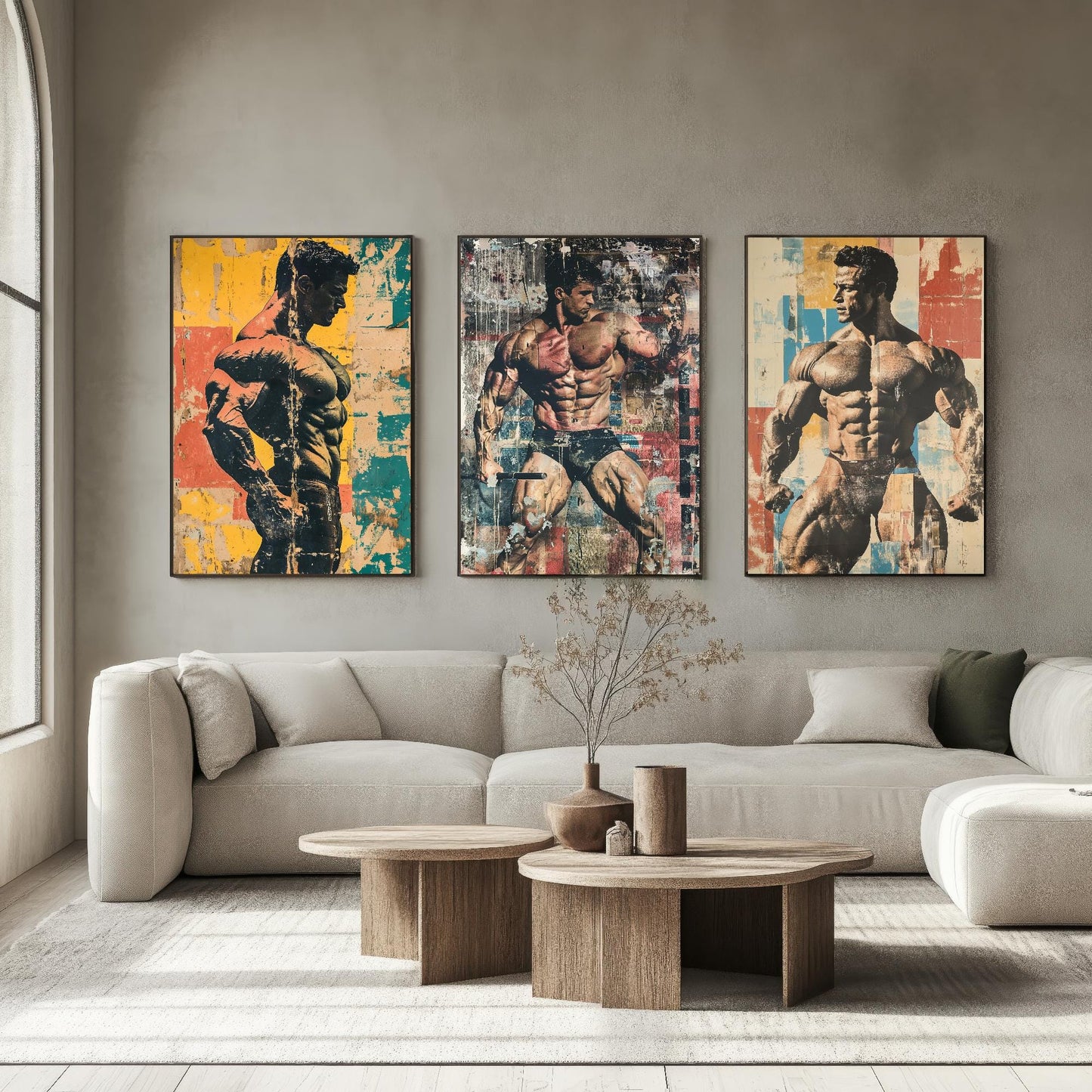 Set of Three Vintage Bodybuilding Posters - Bodybuilder Collage V3 Art Prints - Creative Photography Painting Design - Patchwork Gym Fitness