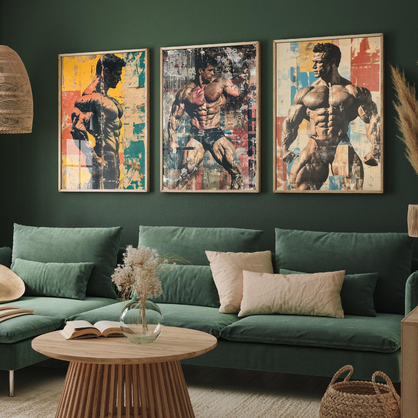 Set of Three Vintage Bodybuilding Posters - Bodybuilder Collage V3 Art Prints - Creative Photography Painting Design - Patchwork Gym Fitness