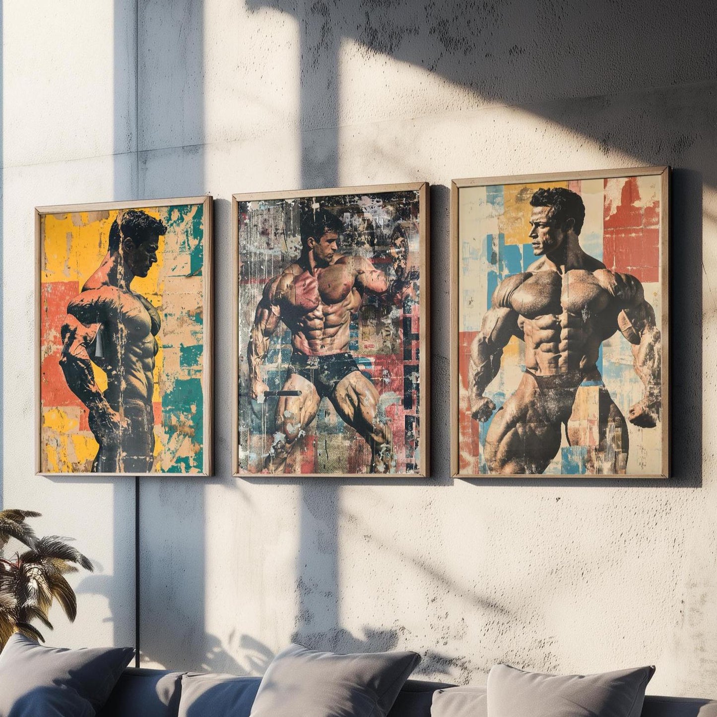 Set of Three Vintage Bodybuilding Posters - Bodybuilder Collage V3 Art Prints - Creative Photography Painting Design - Patchwork Gym Fitness