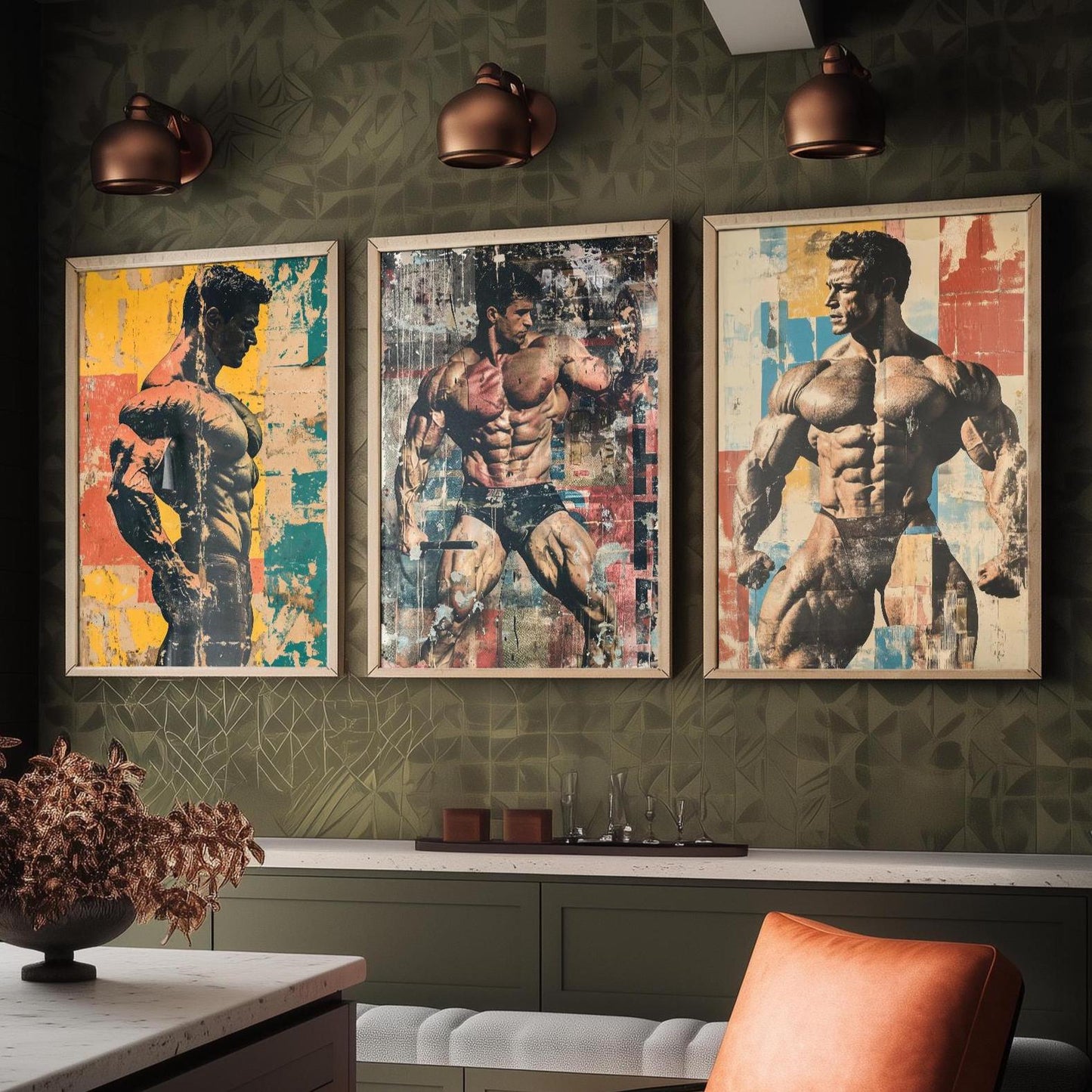 Set of Three Vintage Bodybuilding Posters - Bodybuilder Collage V3 Art Prints - Creative Photography Painting Design - Patchwork Gym Fitness