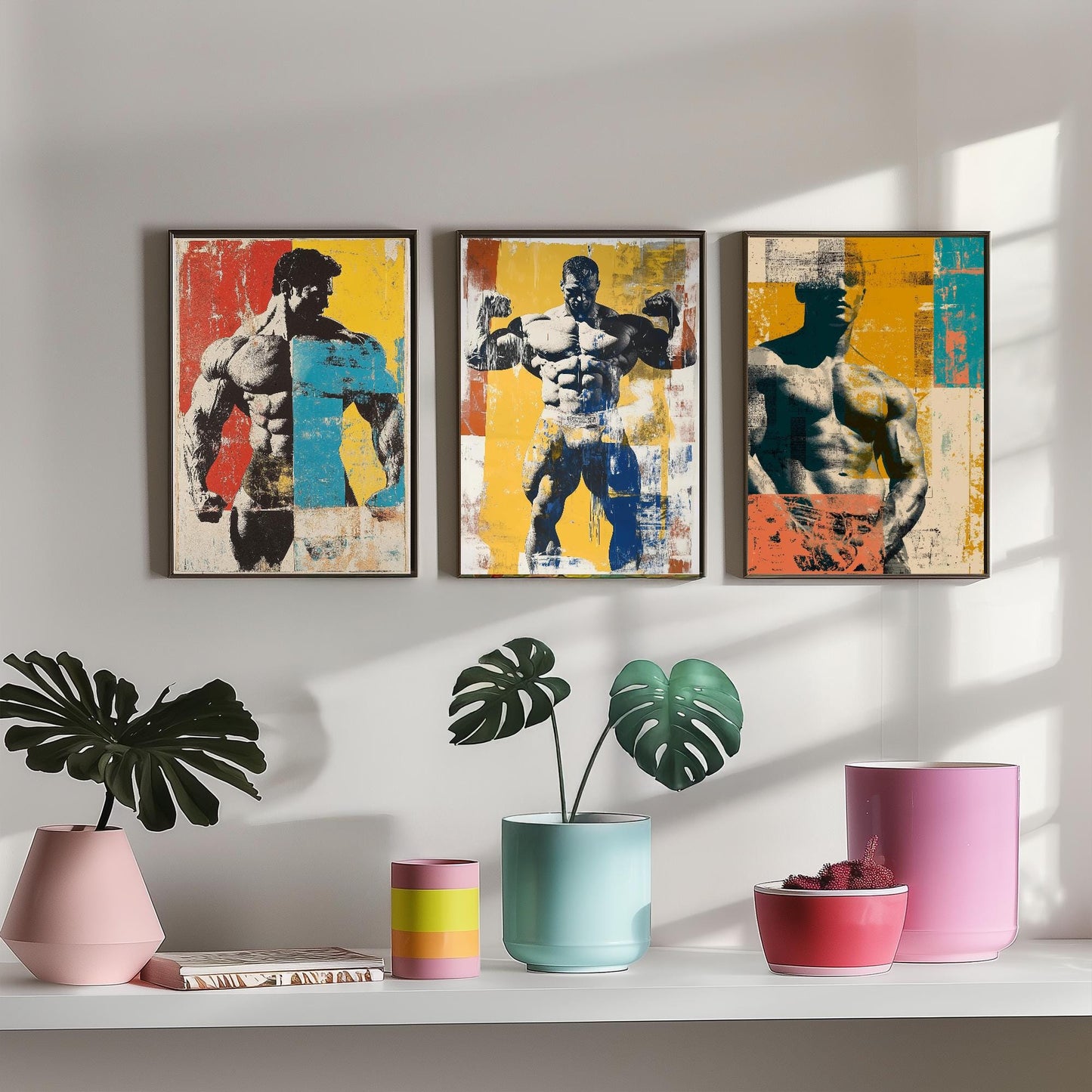 Set of Three Vintage Bodybuilding Posters - Bodybuilder Collage V4 Art Prints - Creative Photography Painting Design - Patchwork Gym Fitness