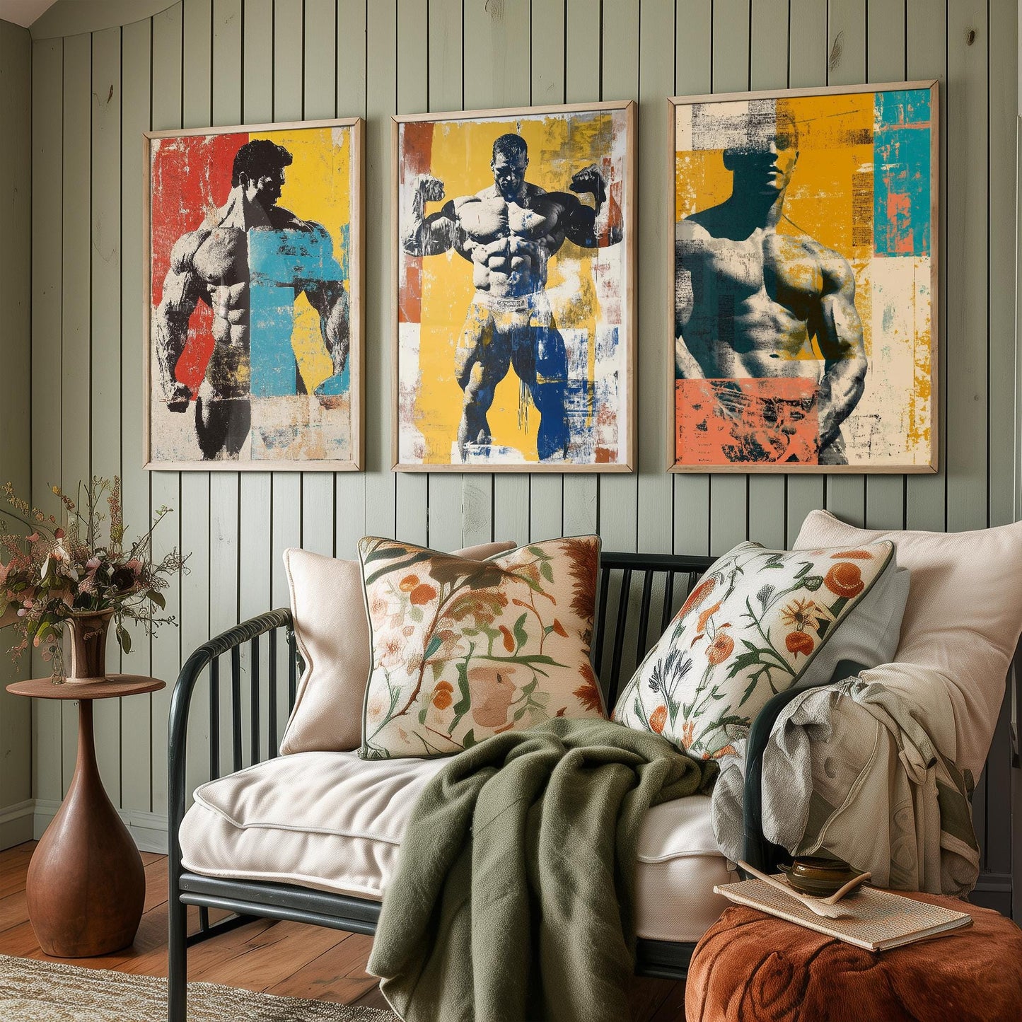 Set of Three Vintage Bodybuilding Posters - Bodybuilder Collage V4 Art Prints - Creative Photography Painting Design - Patchwork Gym Fitness