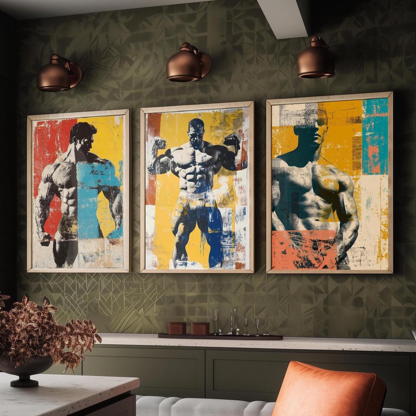 Set of Three Vintage Bodybuilding Posters - Bodybuilder Collage V4 Art Prints - Creative Photography Painting Design - Patchwork Gym Fitness