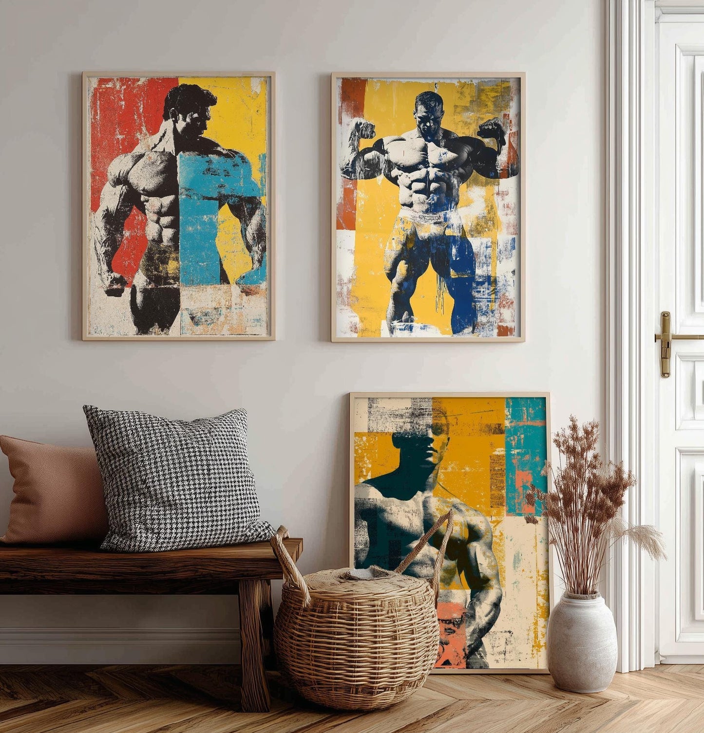Set of Three Vintage Bodybuilding Posters - Bodybuilder Collage V4 Art Prints - Creative Photography Painting Design - Patchwork Gym Fitness