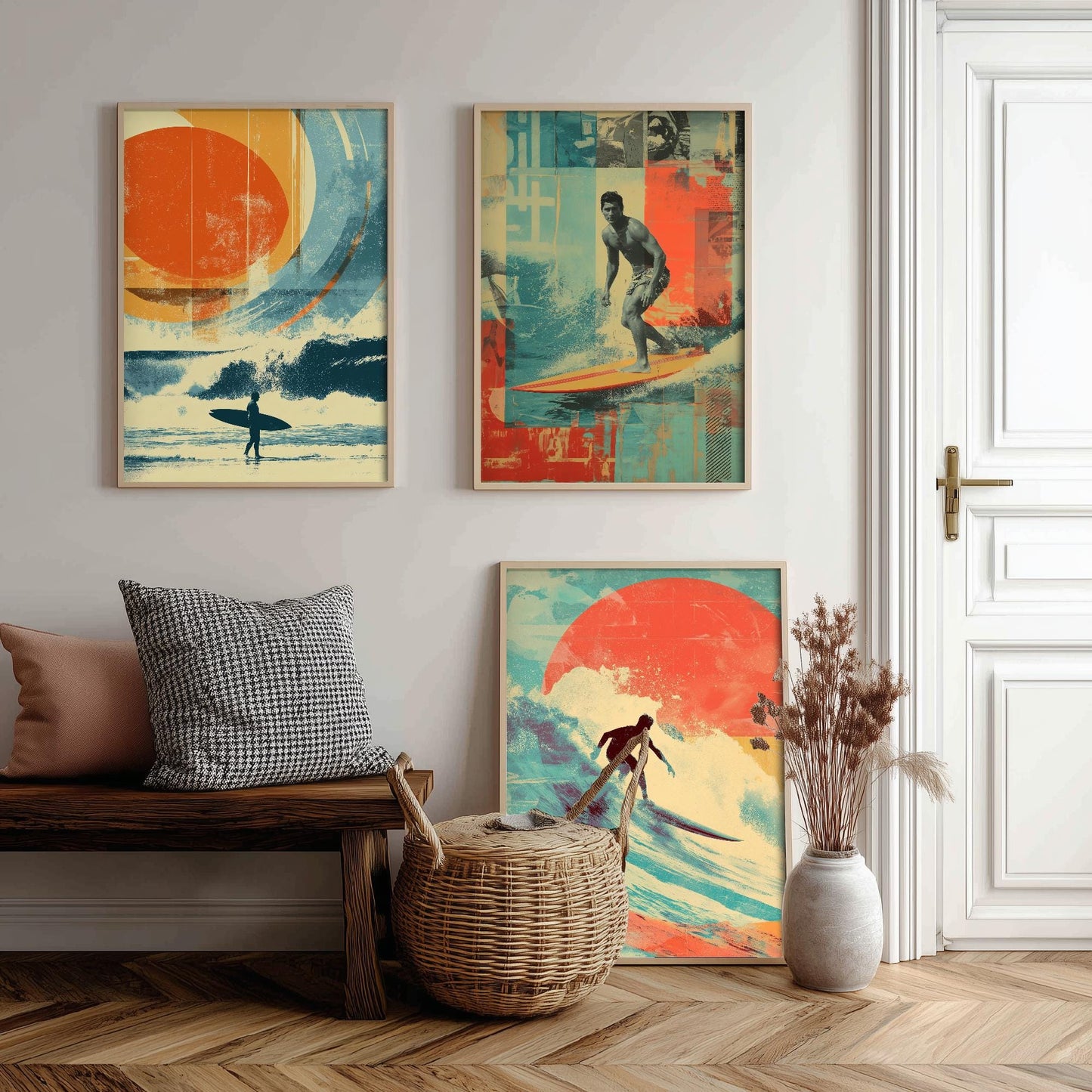Set of Three Vintage Surfing Posters - Ocean Sunset Collage V1 Art Prints - Creative Photography Painting Design - Patchwork Surfboard Surf