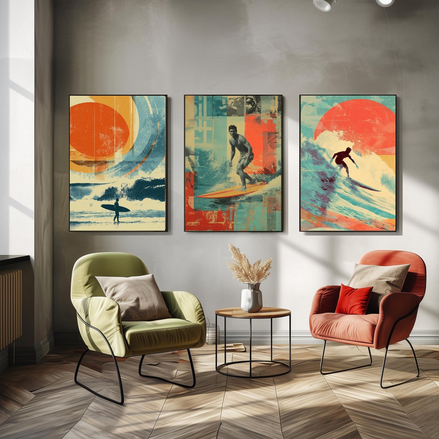 Set of Three Vintage Surfing Posters - Ocean Sunset Collage V1 Art Prints - Creative Photography Painting Design - Patchwork Surfboard Surf