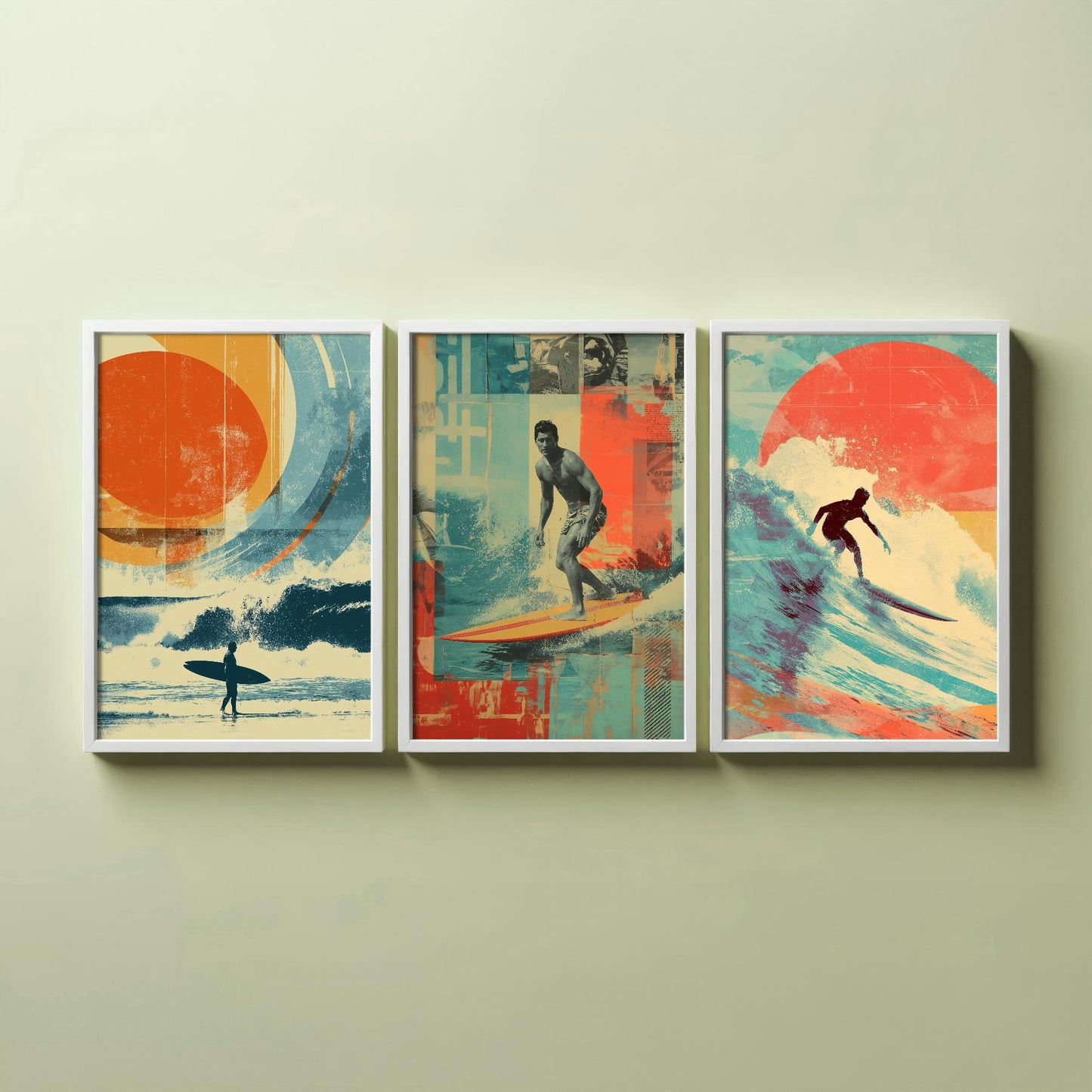Set of Three Vintage Surfing Posters - Ocean Sunset Collage V1 Art Prints - Creative Photography Painting Design - Patchwork Surfboard Surf