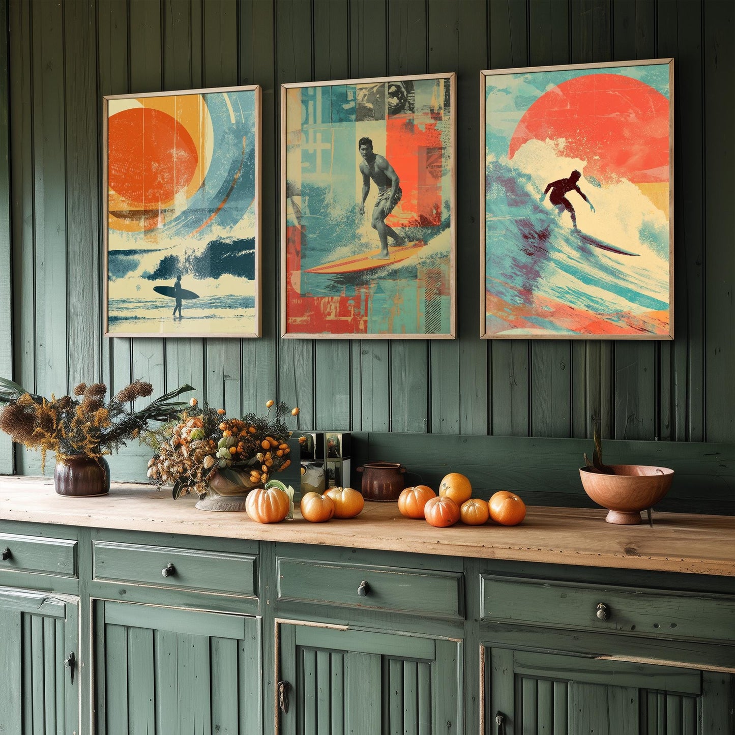 Set of Three Vintage Surfing Posters - Ocean Sunset Collage V1 Art Prints - Creative Photography Painting Design - Patchwork Surfboard Surf