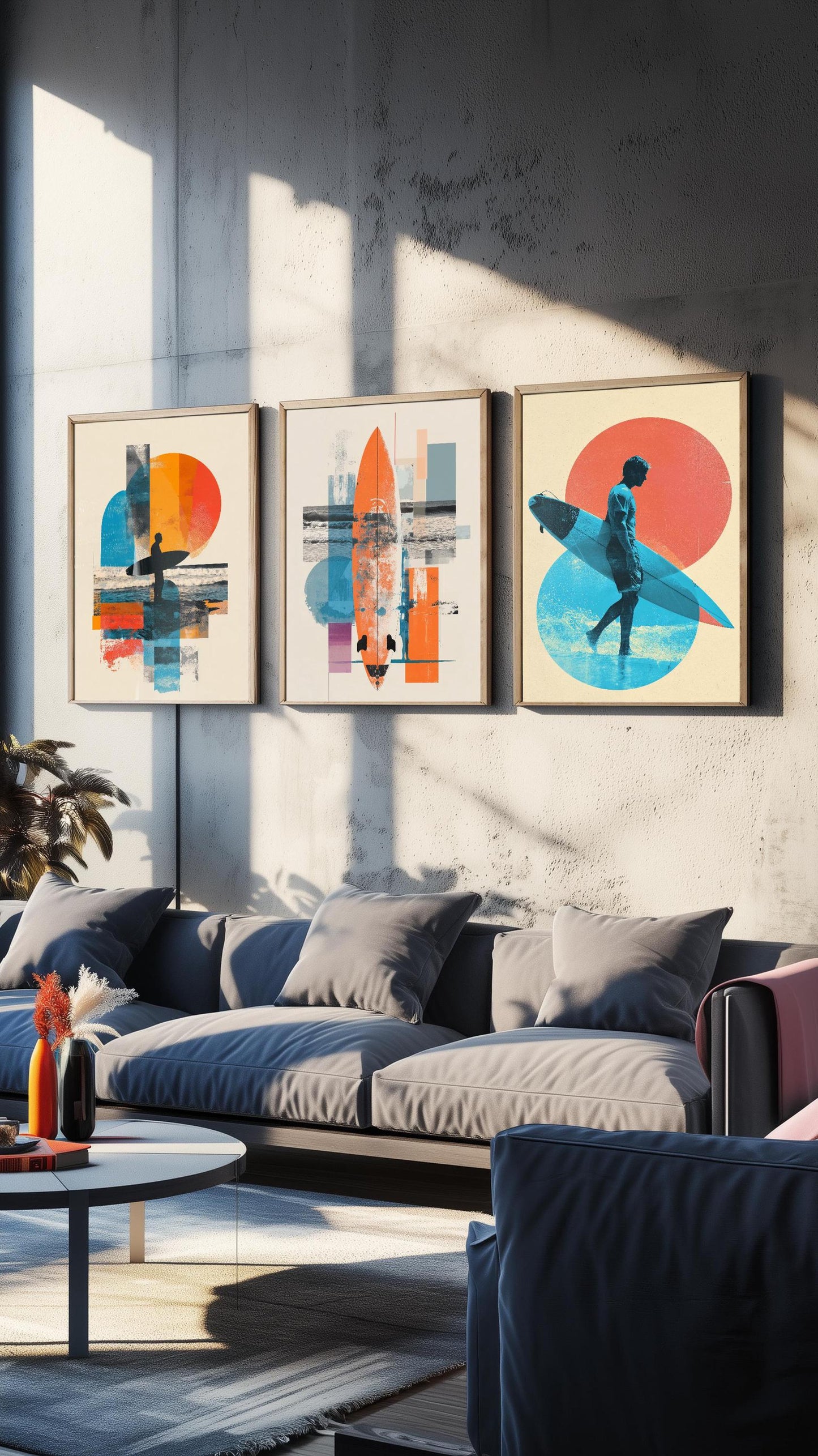 Set of Three Vintage Surfing Posters - Ocean Sunset Collage V2 Art Prints - Creative Photography Painting Design - Patchwork Surfboard Surf