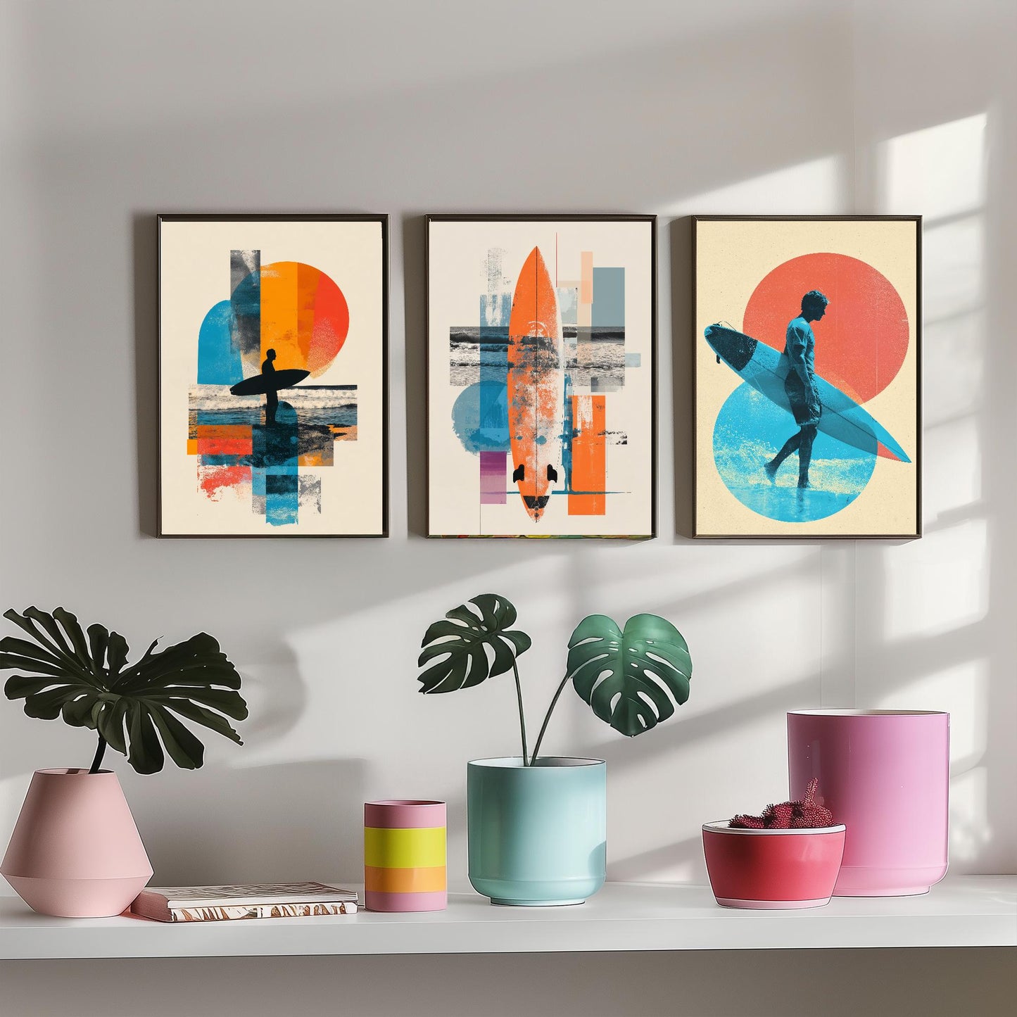 Set of Three Vintage Surfing Posters - Ocean Sunset Collage V2 Art Prints - Creative Photography Painting Design - Patchwork Surfboard Surf