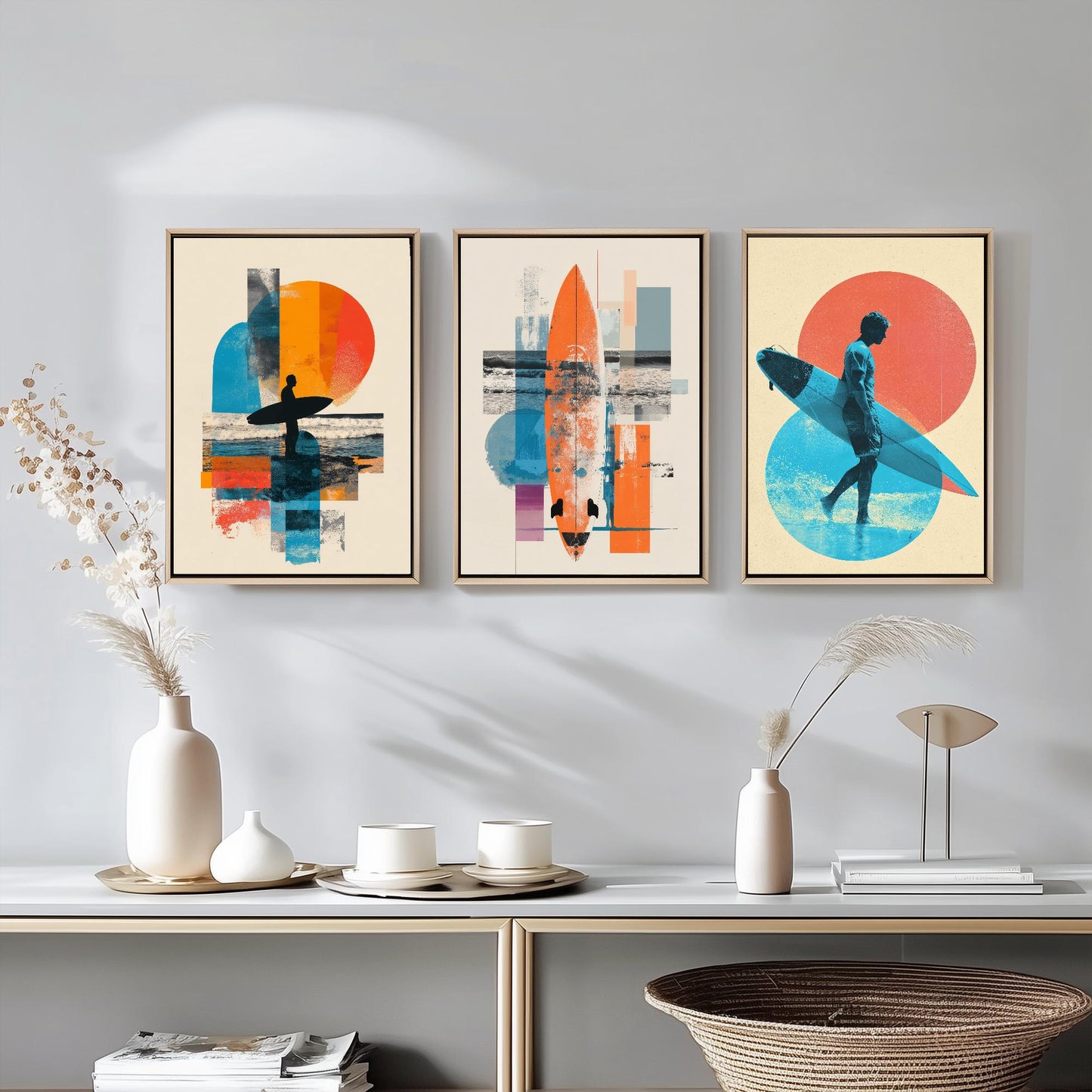 Set of Three Vintage Surfing Posters - Ocean Sunset Collage V2 Art Prints - Creative Photography Painting Design - Patchwork Surfboard Surf