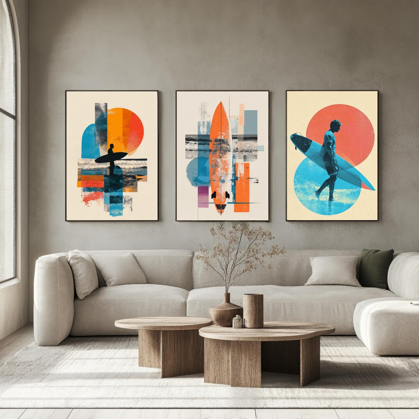 Set of Three Vintage Surfing Posters - Ocean Sunset Collage V2 Art Prints - Creative Photography Painting Design - Patchwork Surfboard Surf