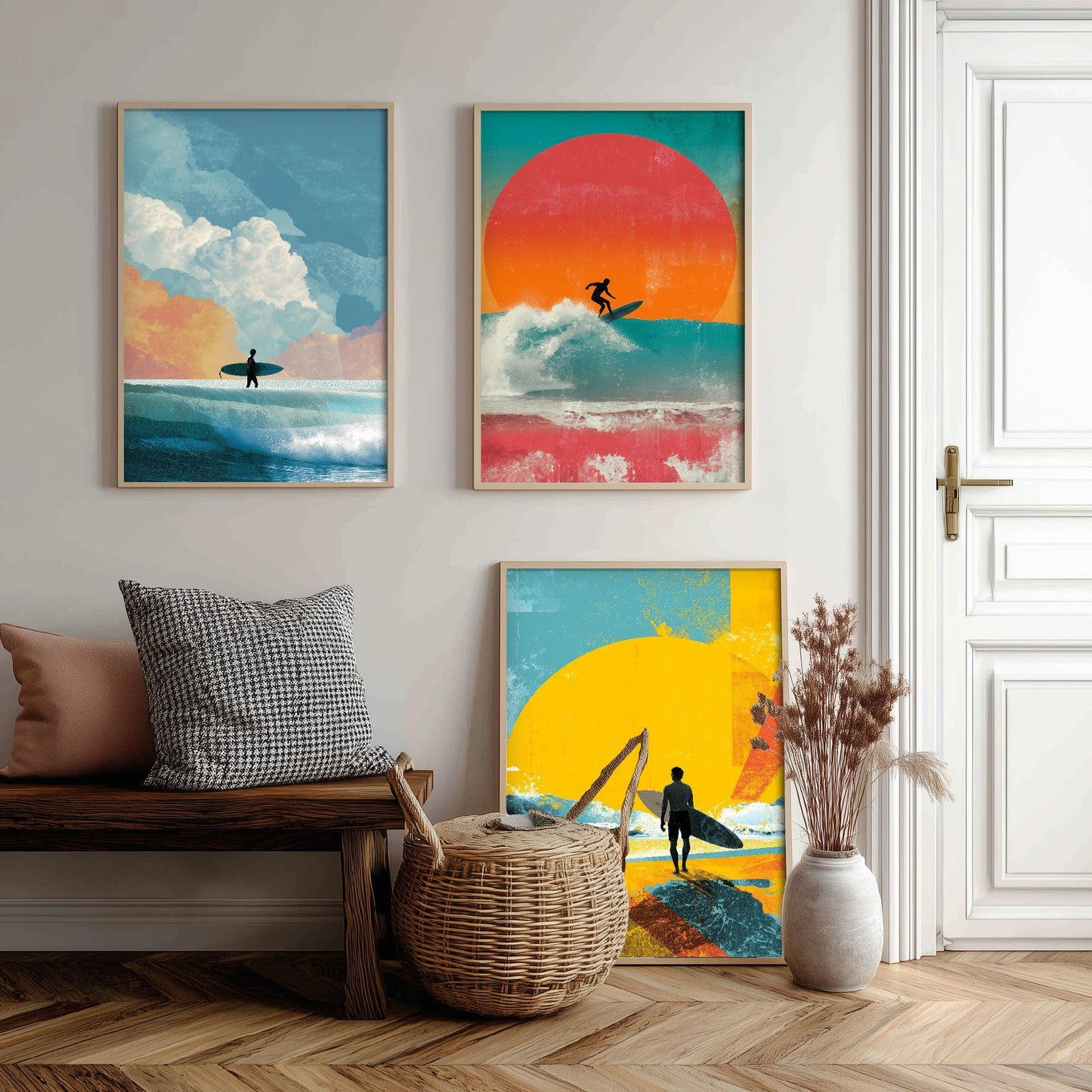 Set of Three Vintage Surfing Posters - Ocean Sunset Collage V3 Art Prints - Creative Photography Painting Design - Patchwork Surfboard Surf