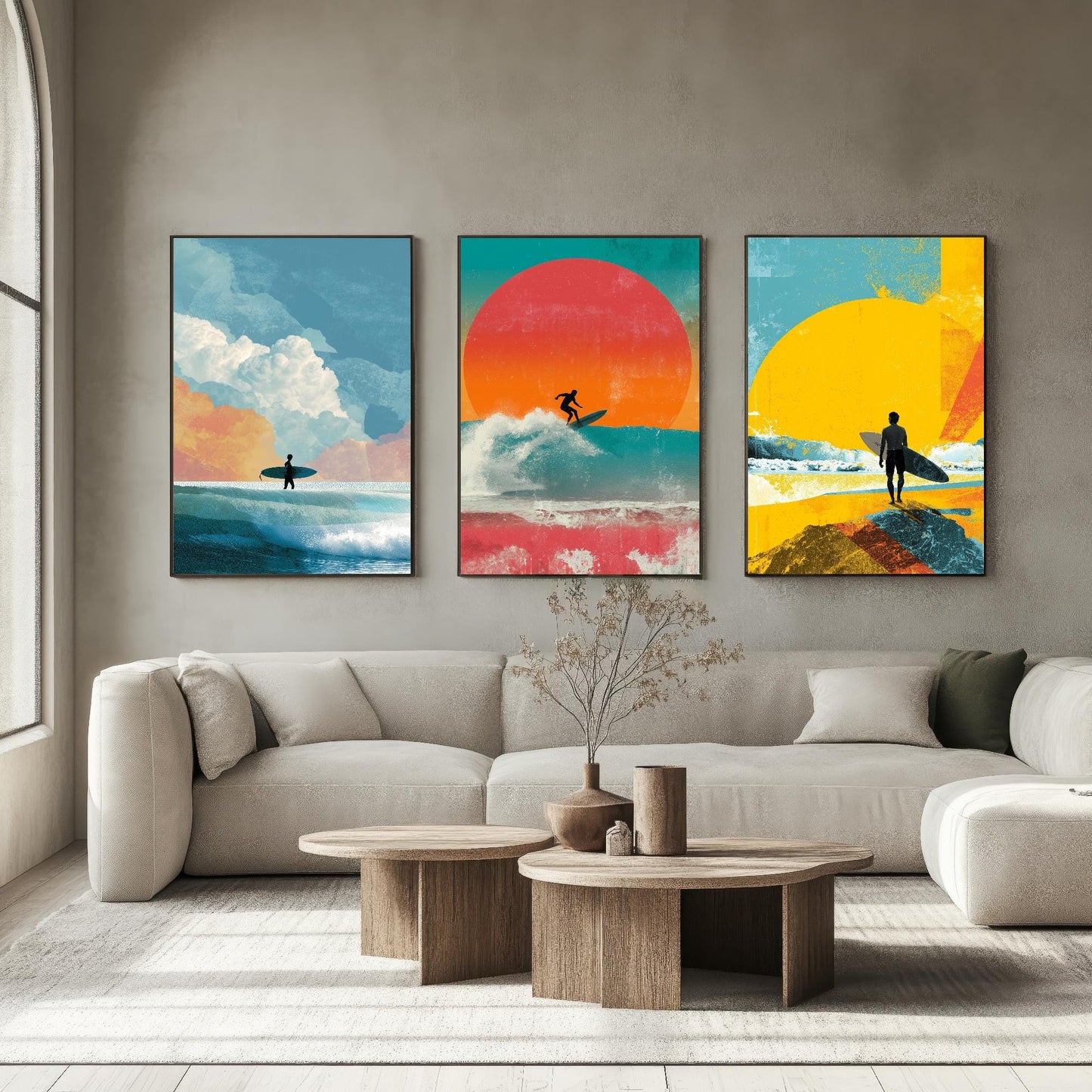 Set of Three Vintage Surfing Posters - Ocean Sunset Collage V3 Art Prints - Creative Photography Painting Design - Patchwork Surfboard Surf