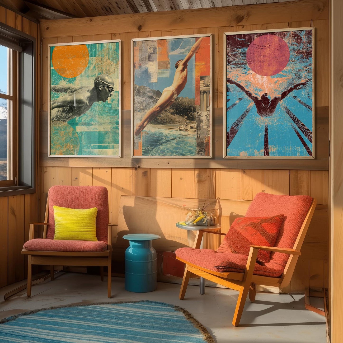 Set of Three Vintage Swimming Posters - Pool Sunset Collage V1 Art Prints - Creative Photography Painting Design - Patchwork Lane Swimmer