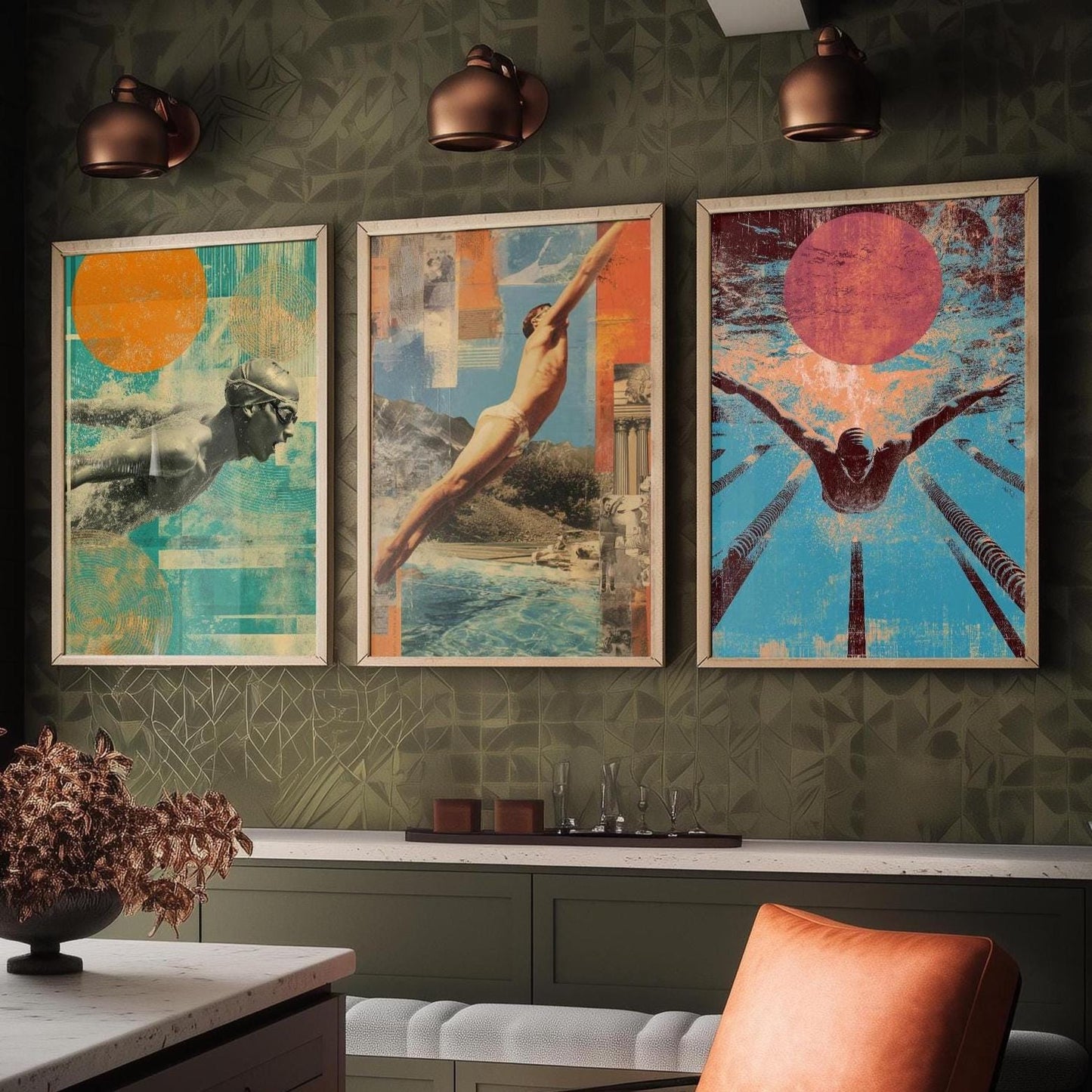 Set of Three Vintage Swimming Posters - Pool Sunset Collage V1 Art Prints - Creative Photography Painting Design - Patchwork Lane Swimmer
