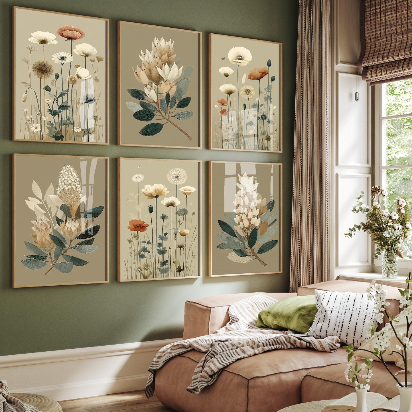 Set of Six Vintage Fern and Flower Art Prints - Set of 6 Flower Plants Posters - Paintings Photo Wall Gift Botanical Meadow V17 V5