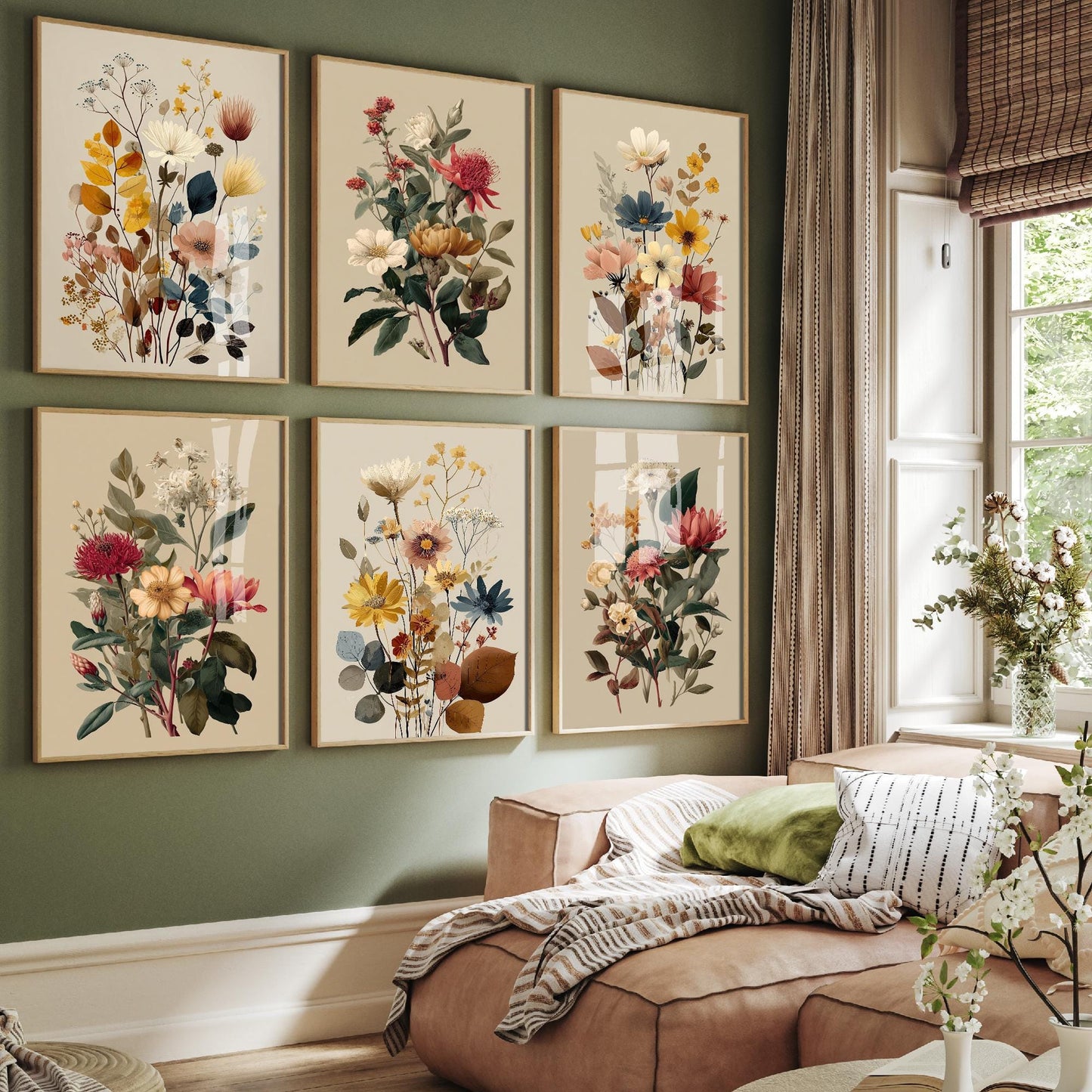 Set of Six Vintage Brown Bouquet Floral Art Prints - Set of 6 Flower Plants Posters - Paintings Photo Wall Gift Botanical Meadow V12 V11