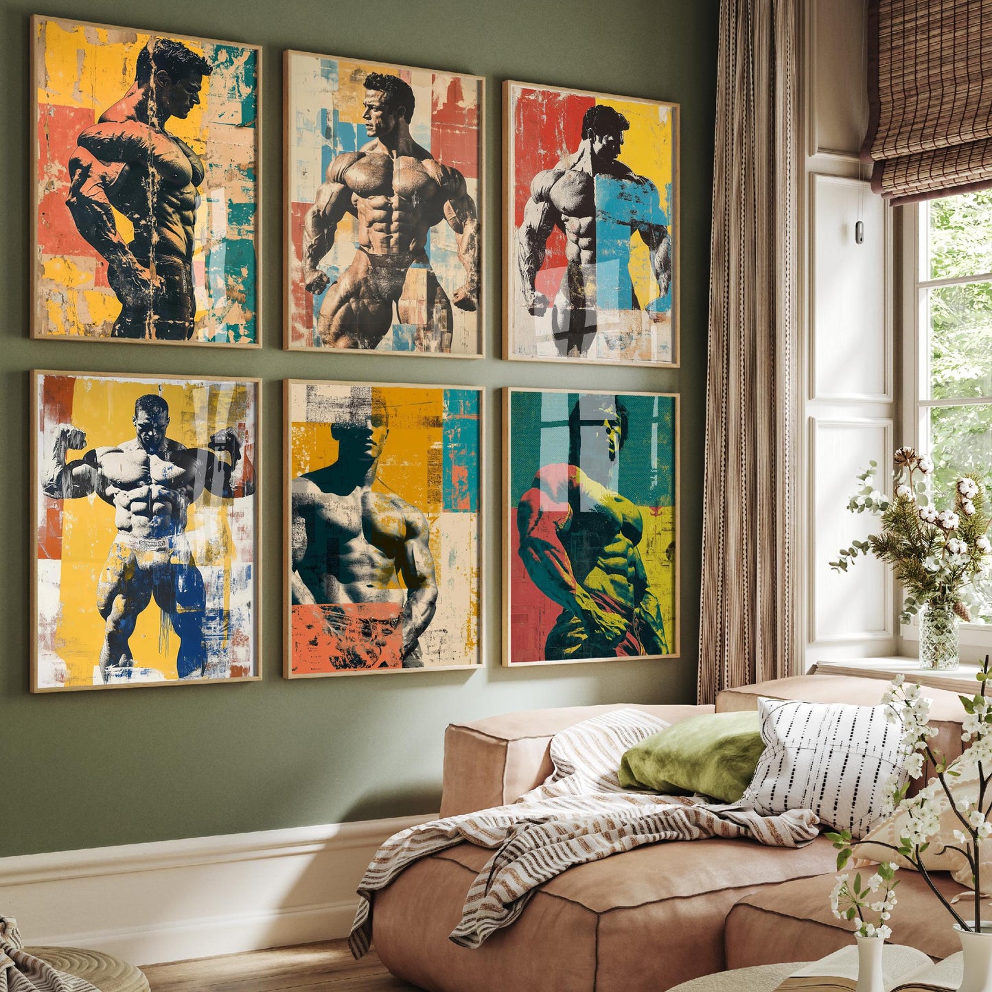 Set of Six Bodybuilding Collage Art Prints - Set of 6 Bodybuilder Gym Muscle Posters - Paintings Photo Wall Gift Sport Weight Lifting Body