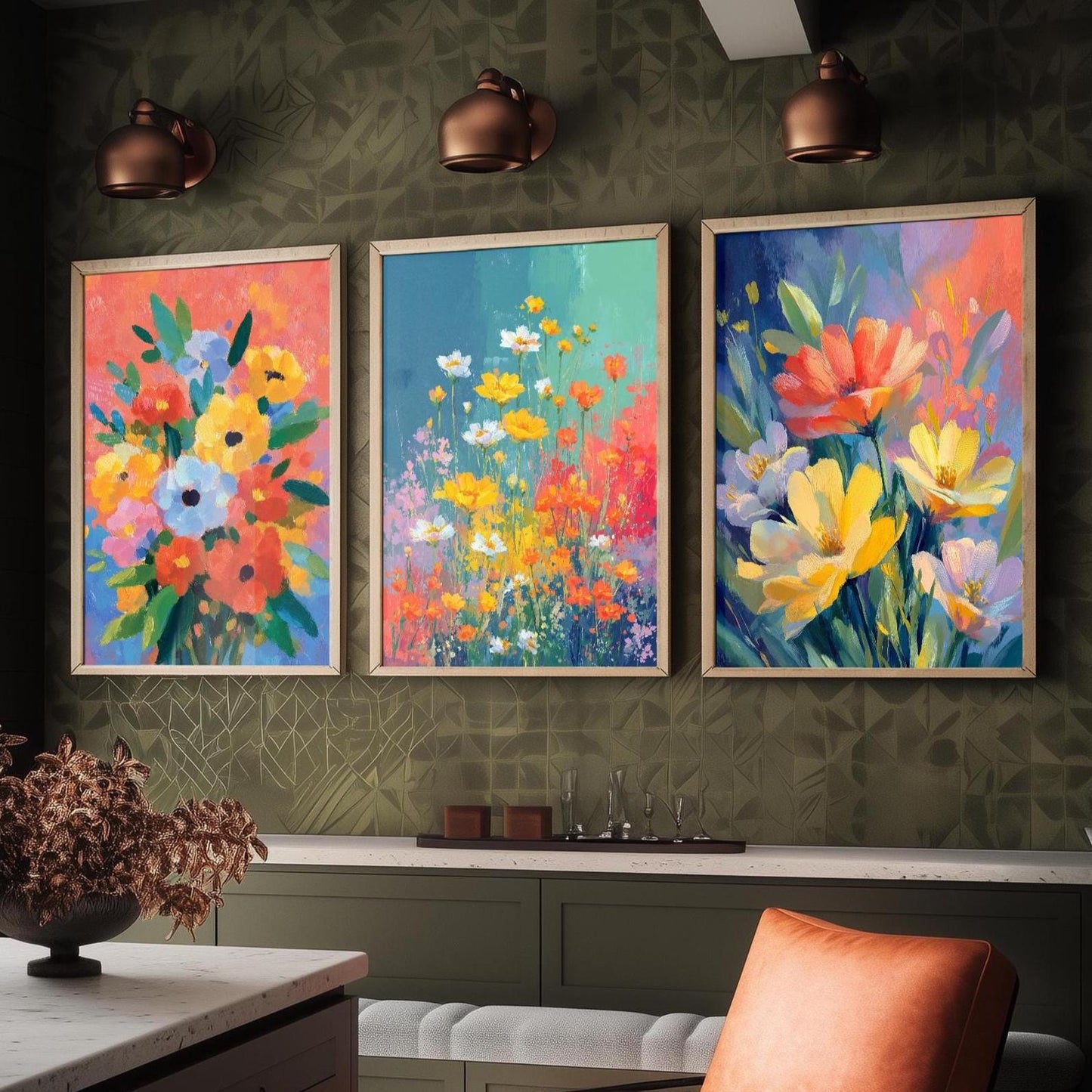 Set of Three Floral Watercolour Vintage Art Prints - Set of 3 Spring Meadow Bouqet - Paintings Photo Poster Wall Gift Museum Botanical