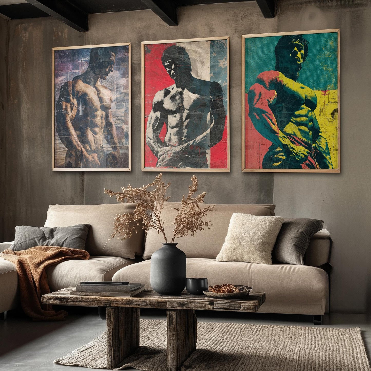 Set of Three Vintage Bodybuilding Posters - Bodybuilder Collage V2 Art Prints - Creative Photography Painting Design - Patchwork Gym Fitness