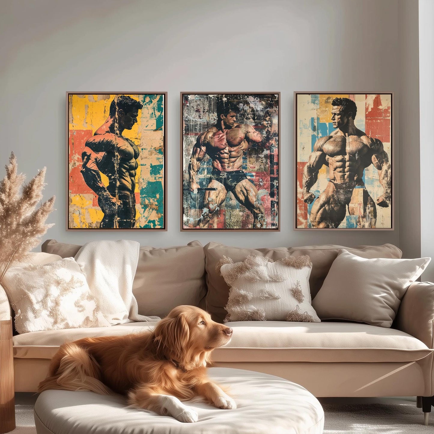 Set of Three Vintage Bodybuilding Posters - Bodybuilder Collage V3 Art Prints - Creative Photography Painting Design - Patchwork Gym Fitness