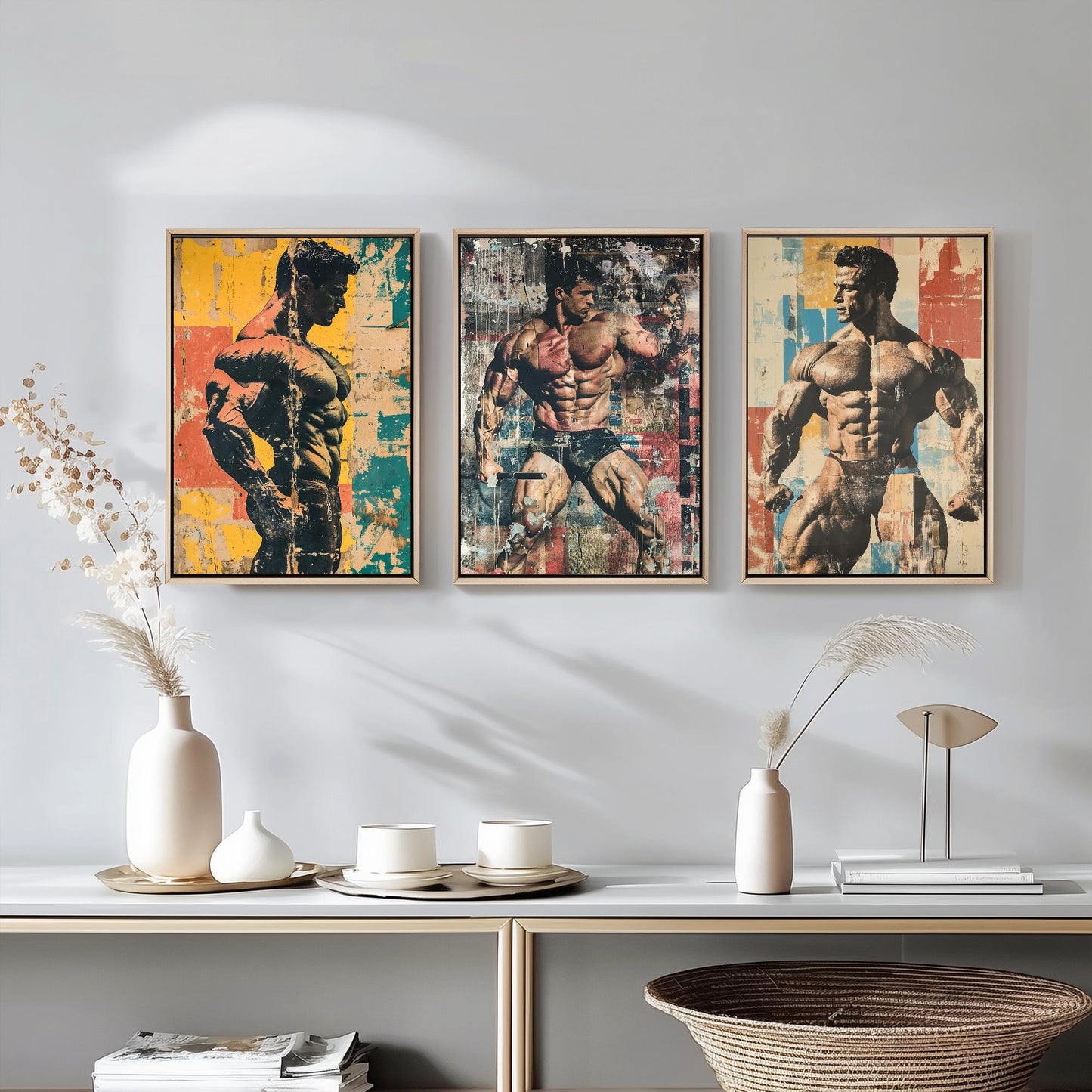Set of Three Vintage Bodybuilding Posters - Bodybuilder Collage V3 Art Prints - Creative Photography Painting Design - Patchwork Gym Fitness