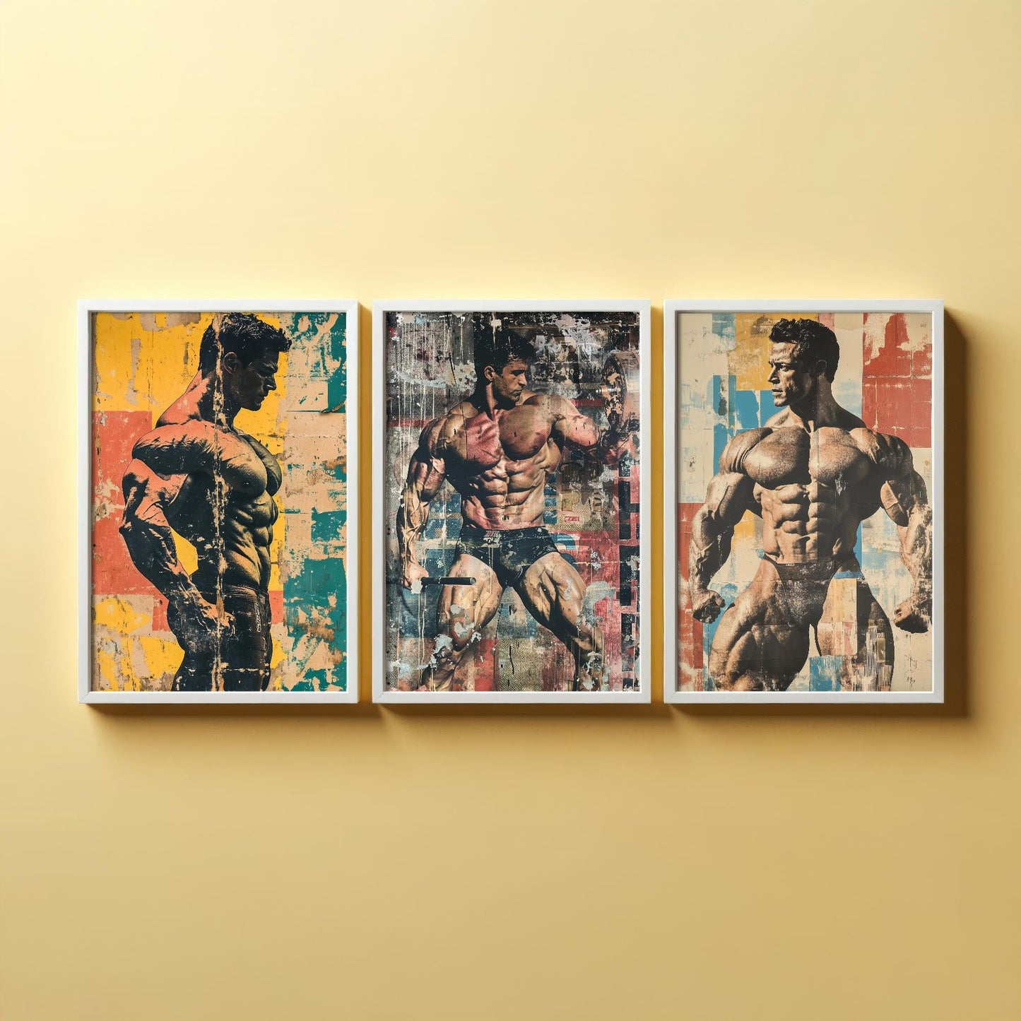 Set of Three Vintage Bodybuilding Posters - Bodybuilder Collage V3 Art Prints - Creative Photography Painting Design - Patchwork Gym Fitness