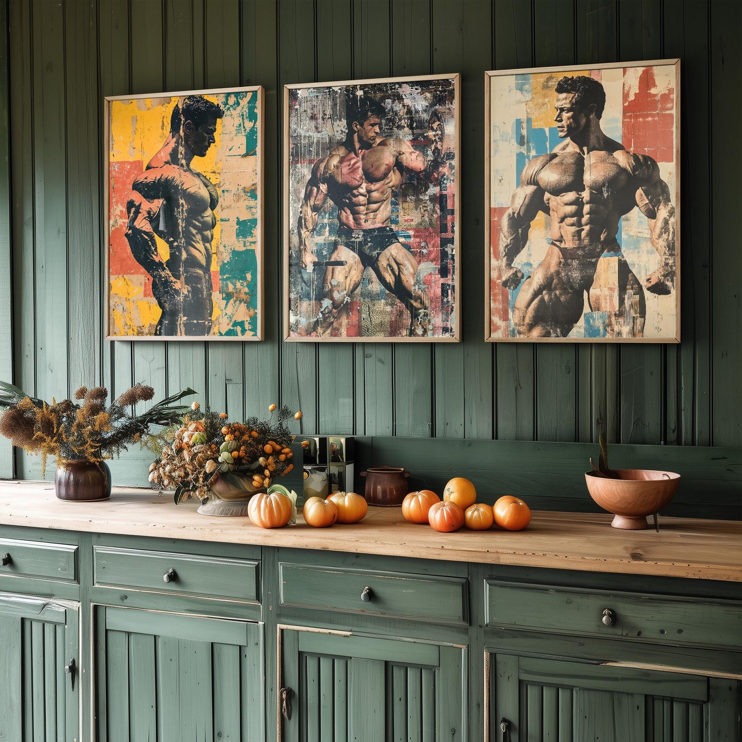 Set of Three Vintage Bodybuilding Posters - Bodybuilder Collage V3 Art Prints - Creative Photography Painting Design - Patchwork Gym Fitness