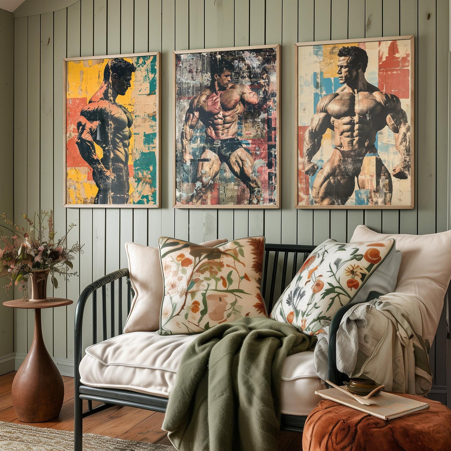 Set of Three Vintage Bodybuilding Posters - Bodybuilder Collage V3 Art Prints - Creative Photography Painting Design - Patchwork Gym Fitness