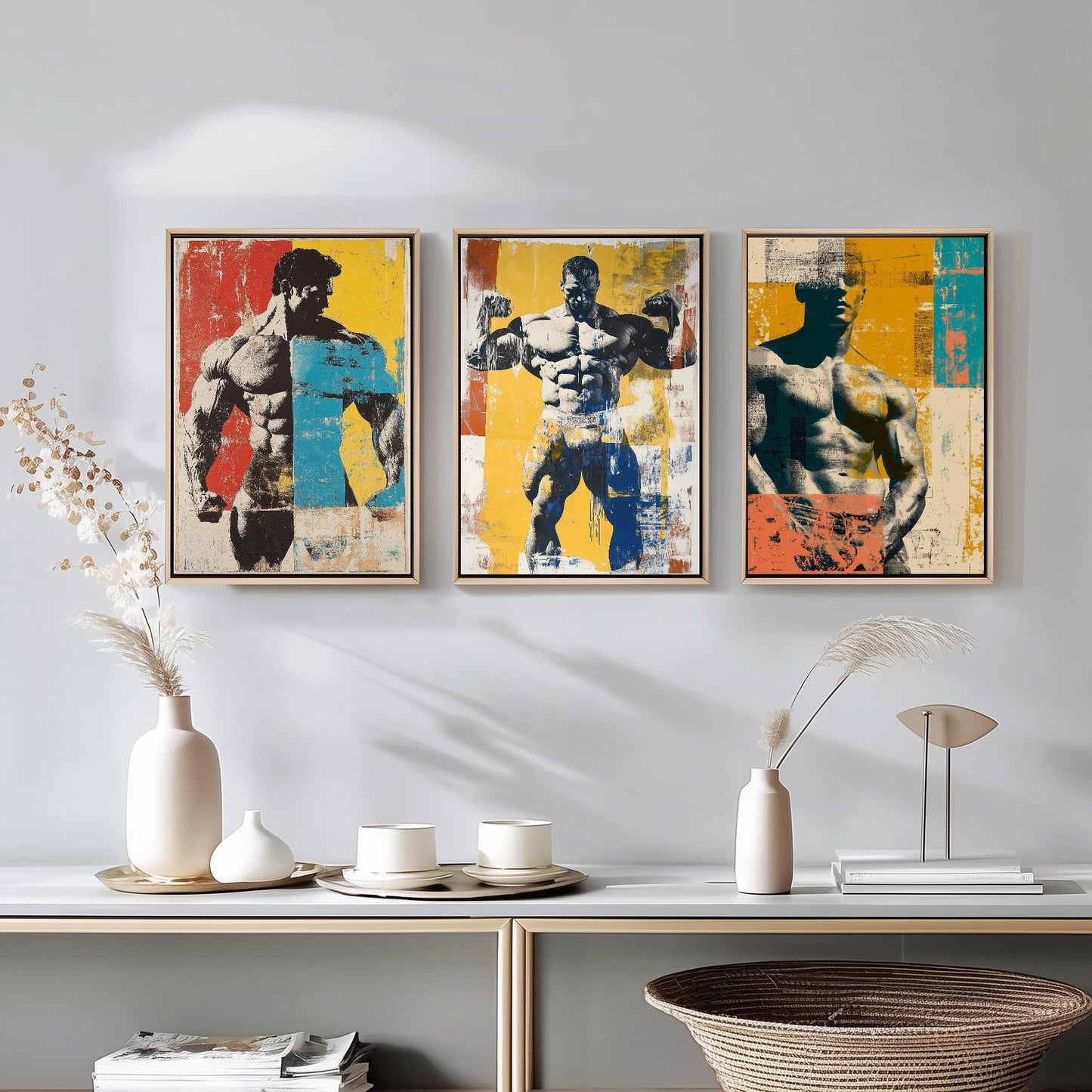Set of Three Vintage Bodybuilding Posters - Bodybuilder Collage V4 Art Prints - Creative Photography Painting Design - Patchwork Gym Fitness