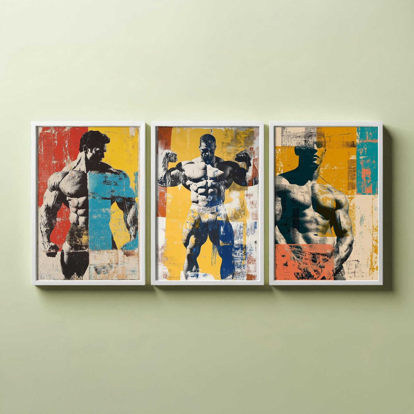 Set of Three Vintage Bodybuilding Posters - Bodybuilder Collage V4 Art Prints - Creative Photography Painting Design - Patchwork Gym Fitness