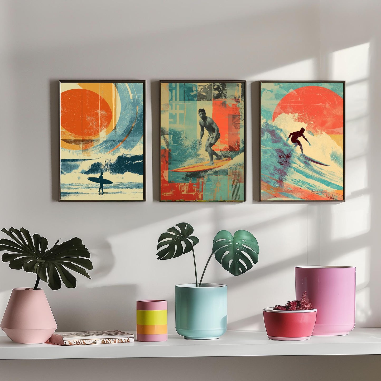 Set of Three Vintage Surfing Posters - Ocean Sunset Collage V1 Art Prints - Creative Photography Painting Design - Patchwork Surfboard Surf
