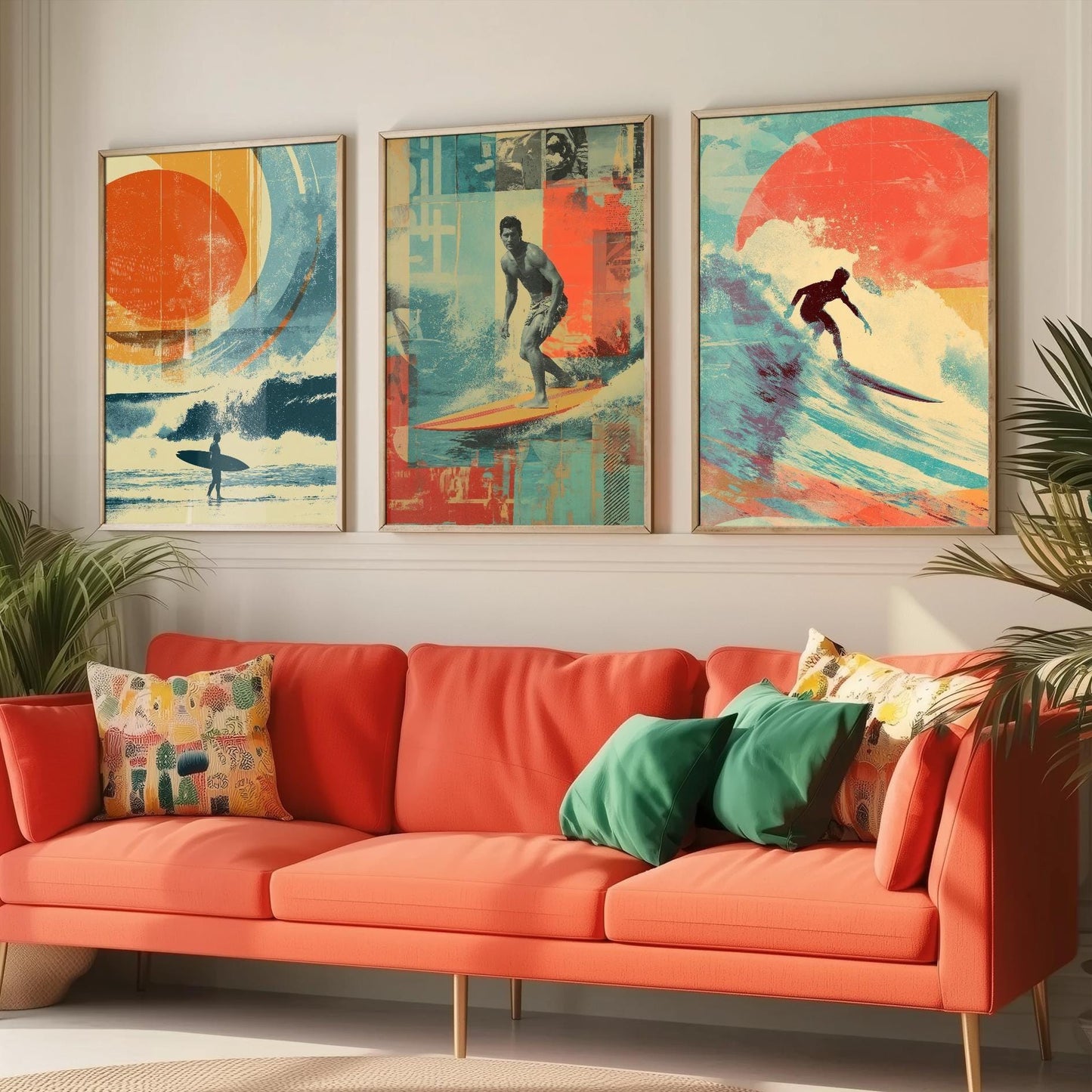 Set of Three Vintage Surfing Posters - Ocean Sunset Collage V1 Art Prints - Creative Photography Painting Design - Patchwork Surfboard Surf
