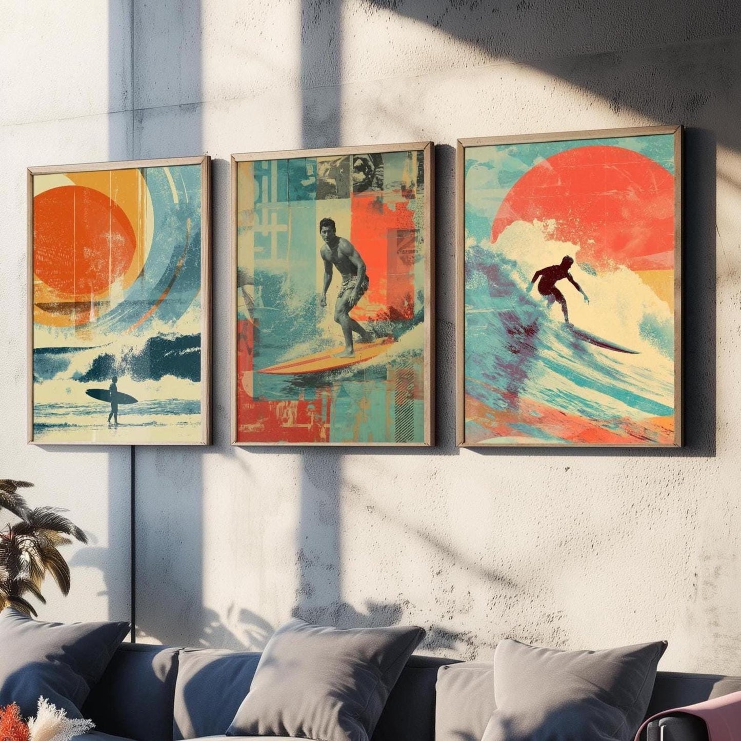 Set of Three Vintage Surfing Posters - Ocean Sunset Collage V1 Art Prints - Creative Photography Painting Design - Patchwork Surfboard Surf