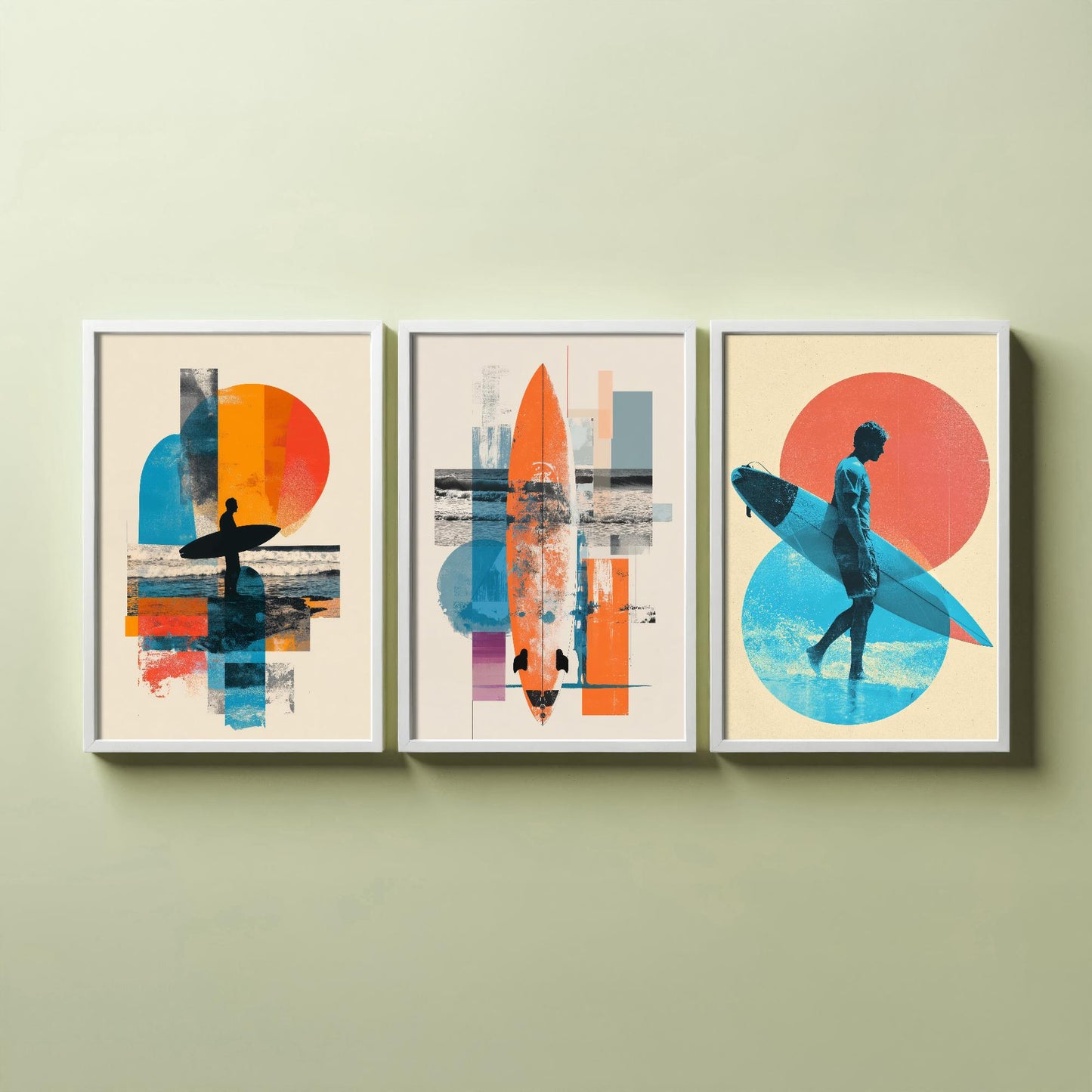 Set of Three Vintage Surfing Posters - Ocean Sunset Collage V2 Art Prints - Creative Photography Painting Design - Patchwork Surfboard Surf