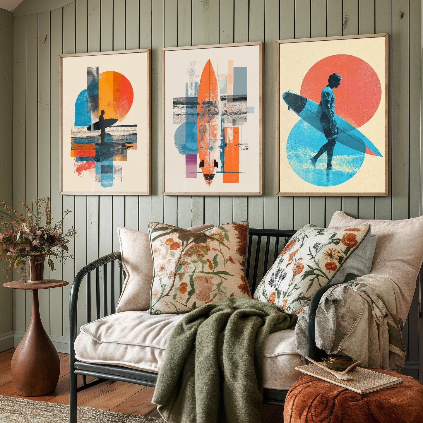 Set of Three Vintage Surfing Posters - Ocean Sunset Collage V2 Art Prints - Creative Photography Painting Design - Patchwork Surfboard Surf
