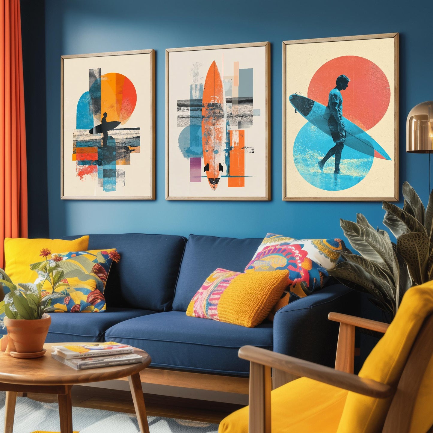 Set of Three Vintage Surfing Posters - Ocean Sunset Collage V2 Art Prints - Creative Photography Painting Design - Patchwork Surfboard Surf
