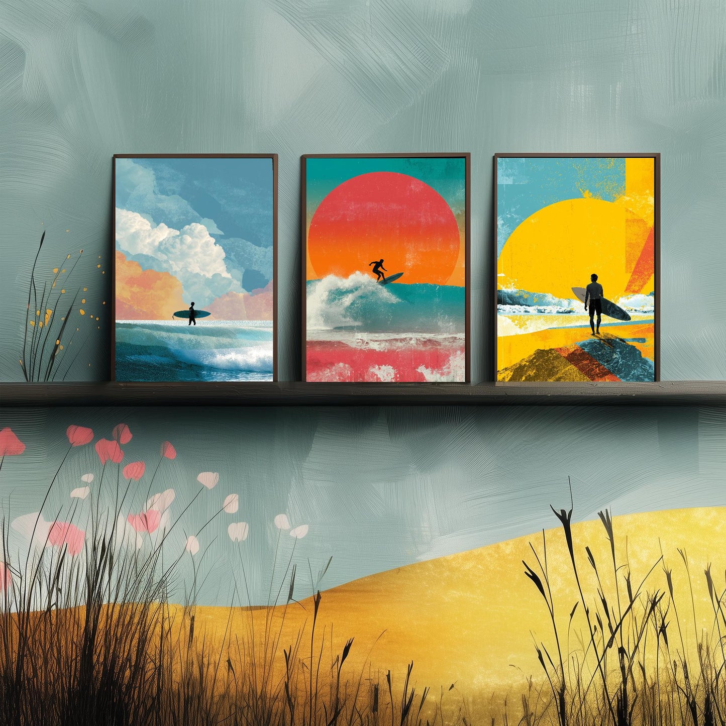 Set of Three Vintage Surfing Posters - Ocean Sunset Collage V3 Art Prints - Creative Photography Painting Design - Patchwork Surfboard Surf