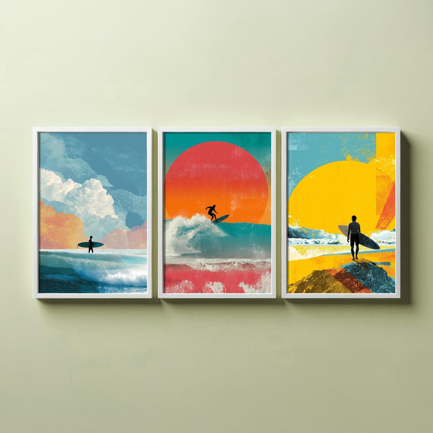 Set of Three Vintage Surfing Posters - Ocean Sunset Collage V3 Art Prints - Creative Photography Painting Design - Patchwork Surfboard Surf