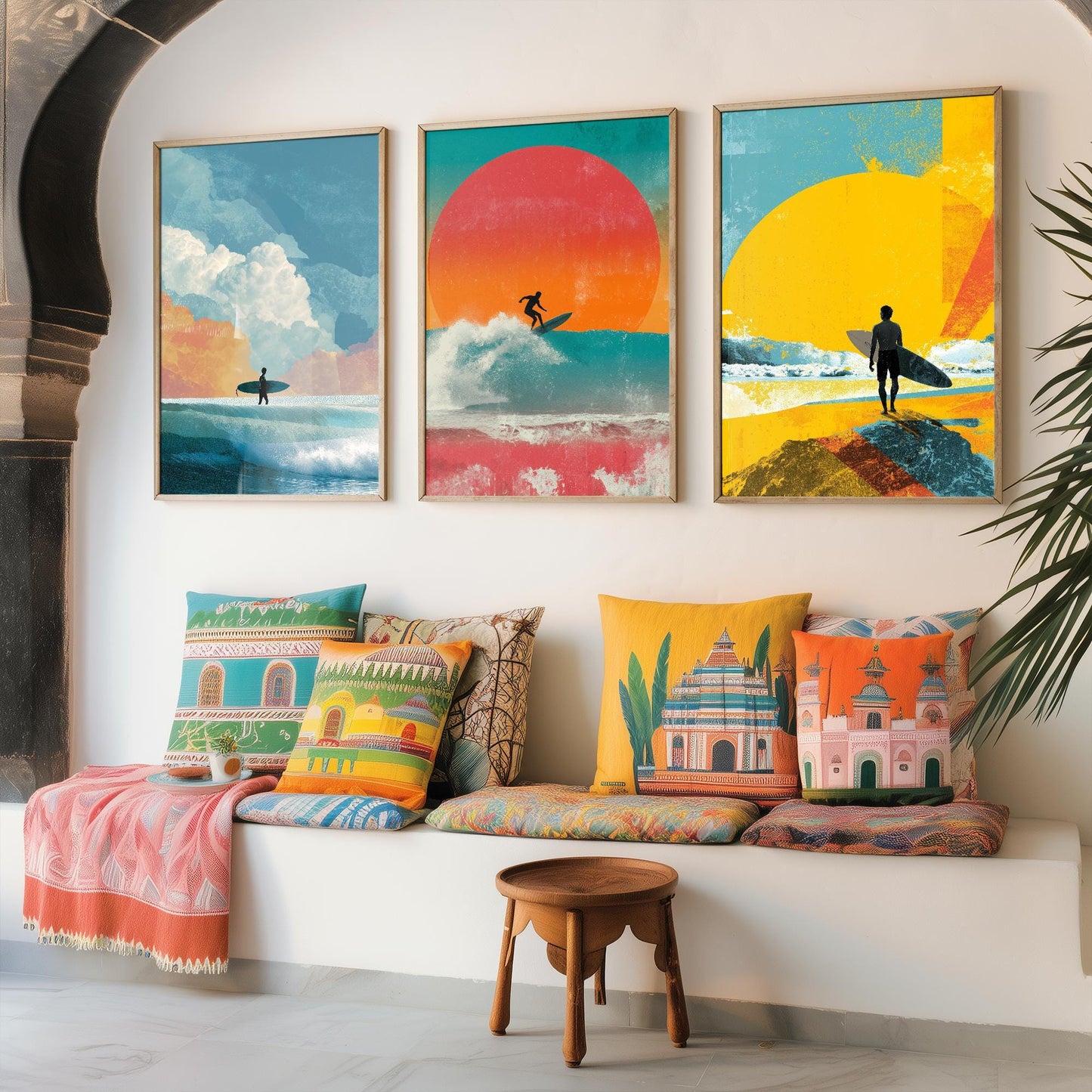 Set of Three Vintage Surfing Posters - Ocean Sunset Collage V3 Art Prints - Creative Photography Painting Design - Patchwork Surfboard Surf