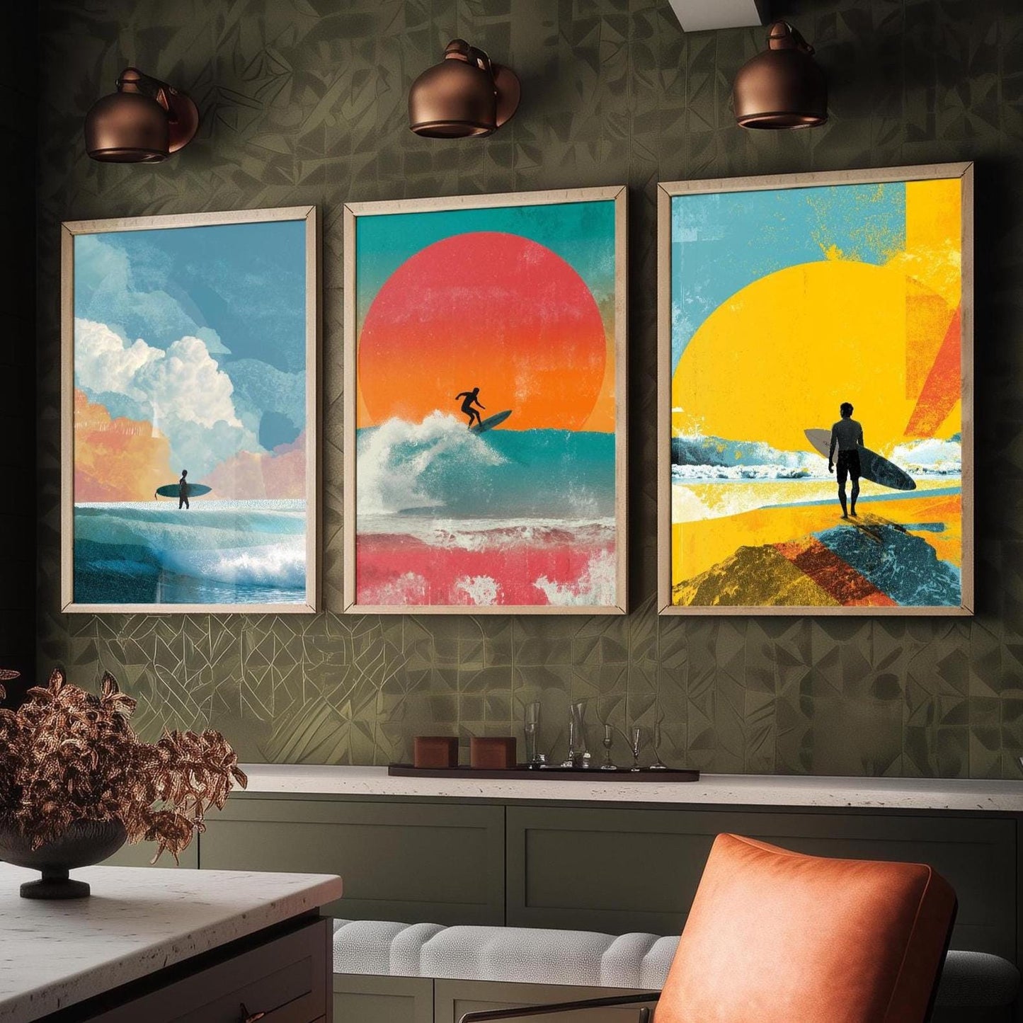 Set of Three Vintage Surfing Posters - Ocean Sunset Collage V3 Art Prints - Creative Photography Painting Design - Patchwork Surfboard Surf
