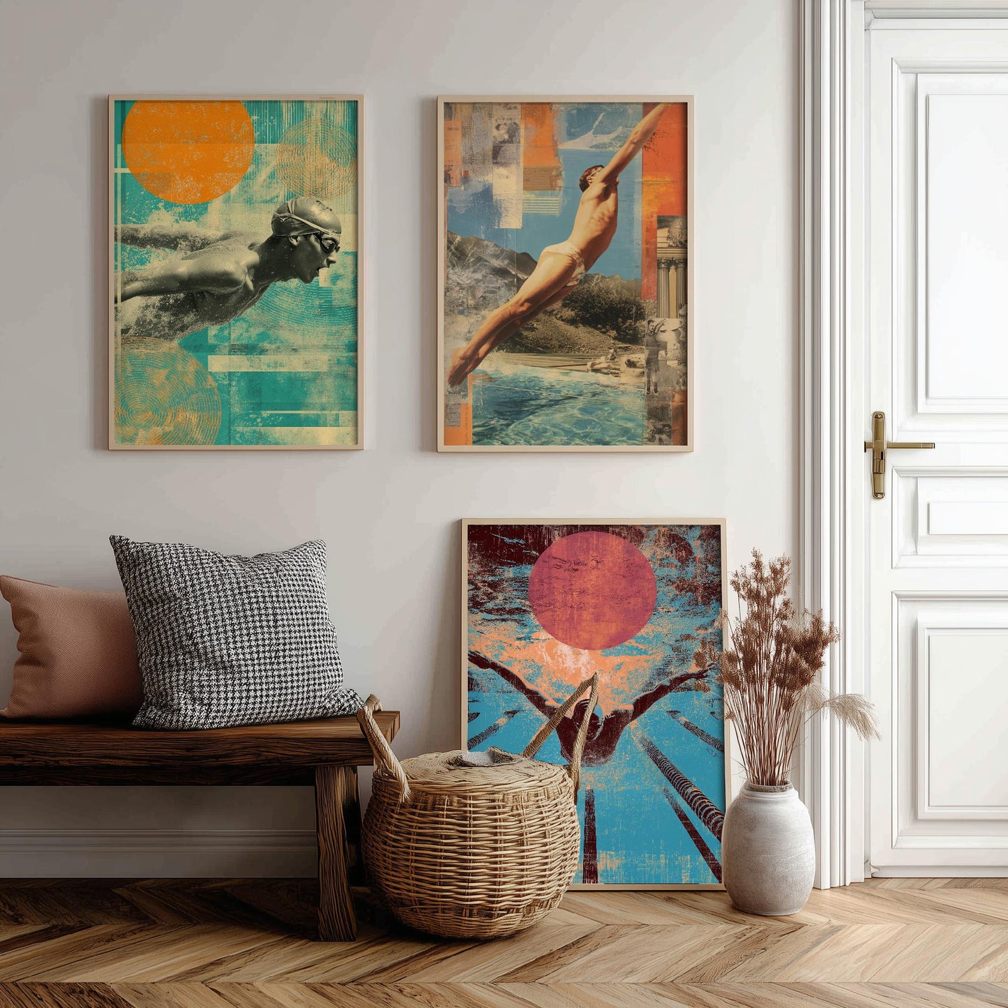 Set of Three Vintage Swimming Posters - Pool Sunset Collage V1 Art Prints - Creative Photography Painting Design - Patchwork Lane Swimmer